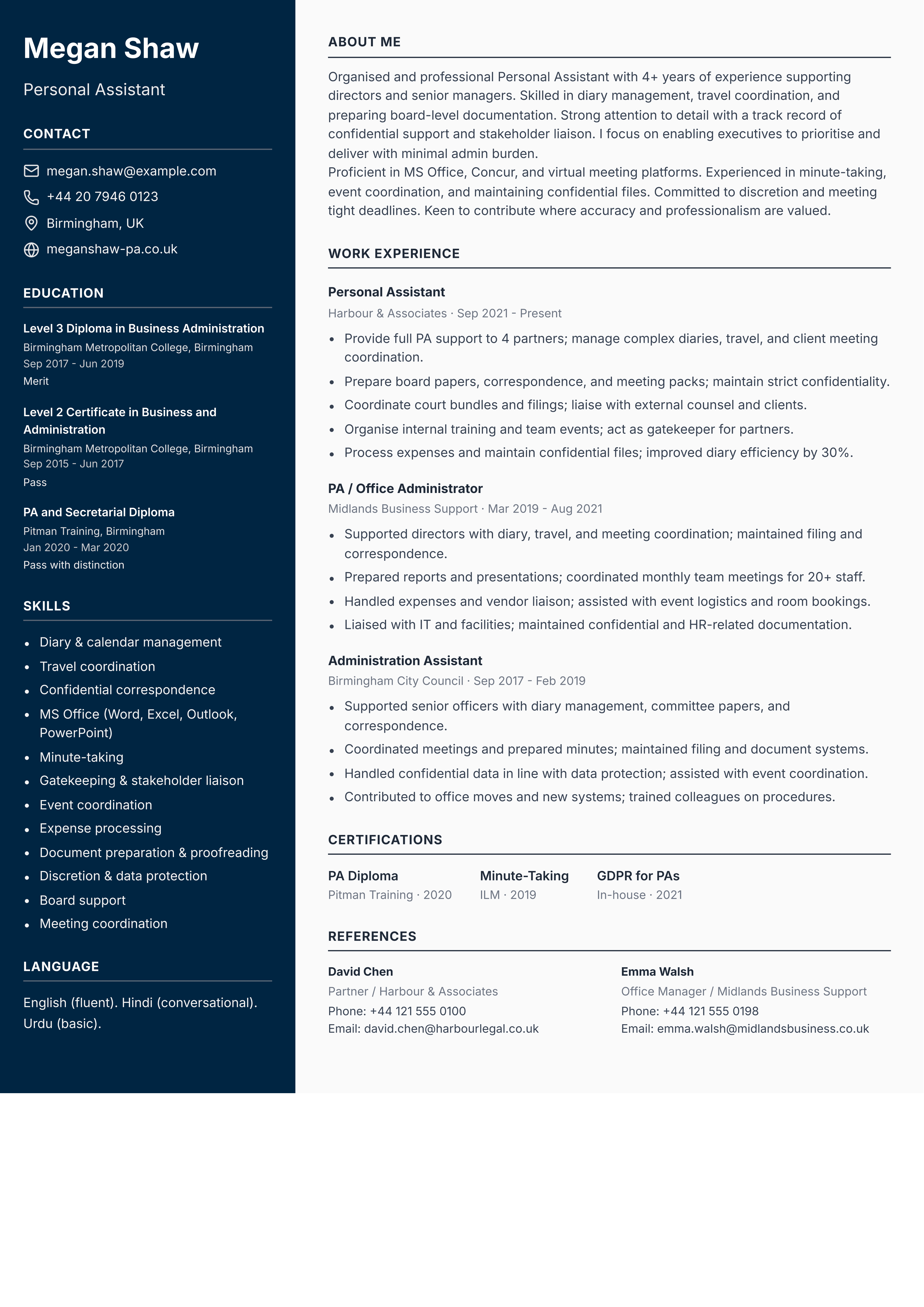 personal assistant cv template