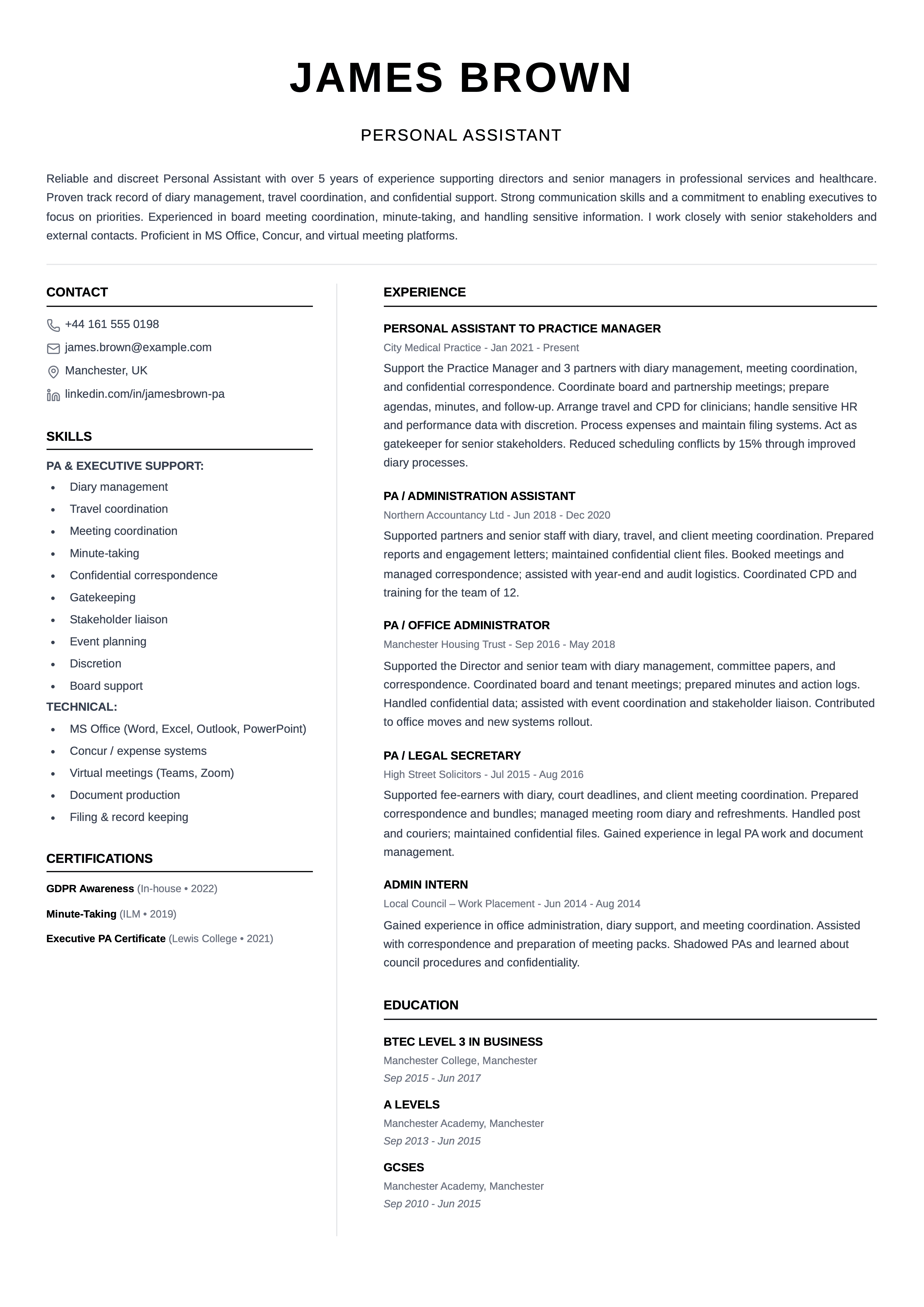 personal assistant cv template