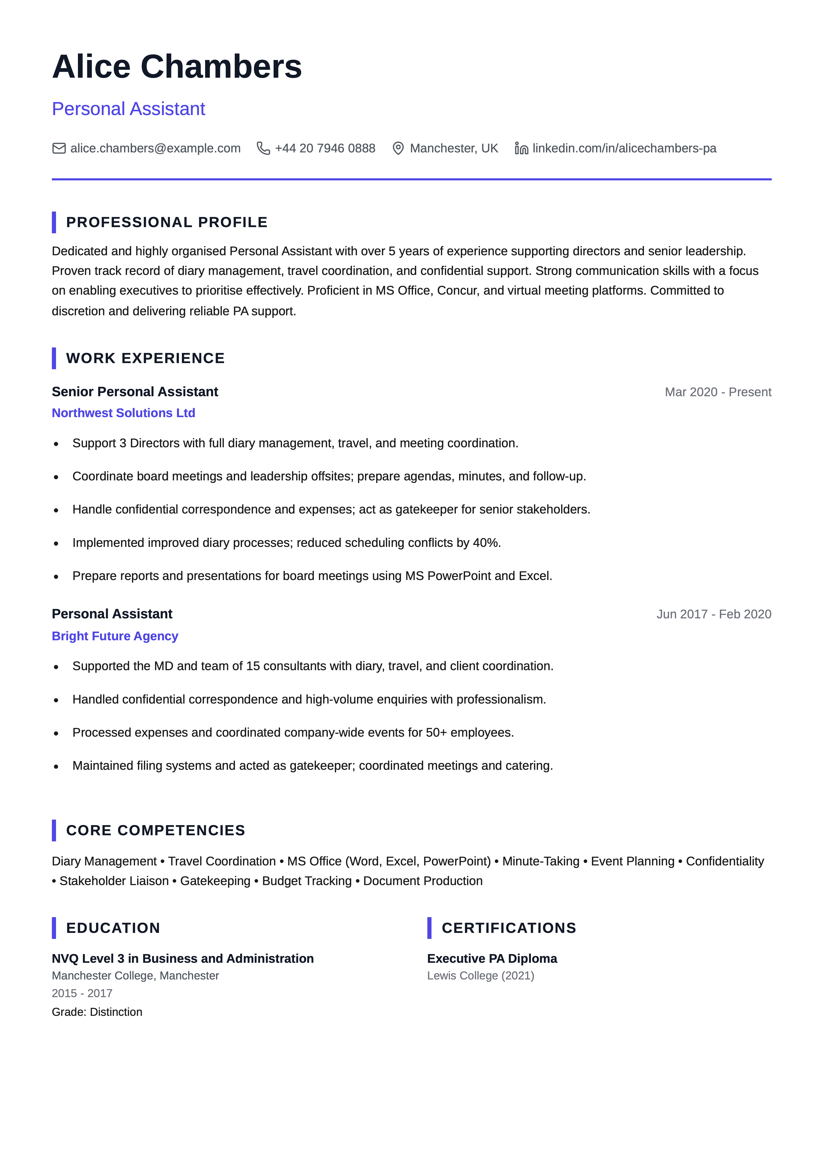 personal assistant cv template