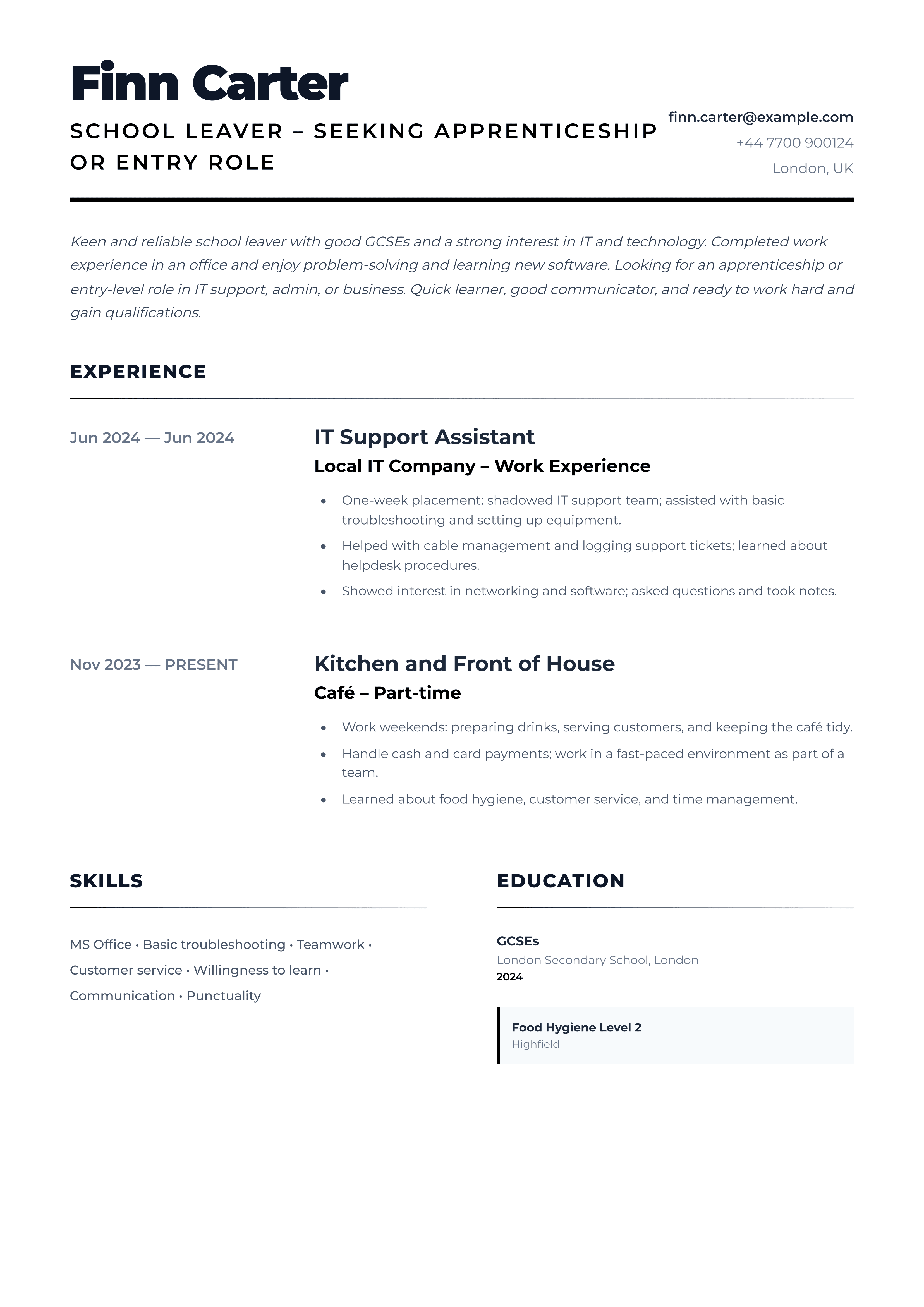 school leaver cv template