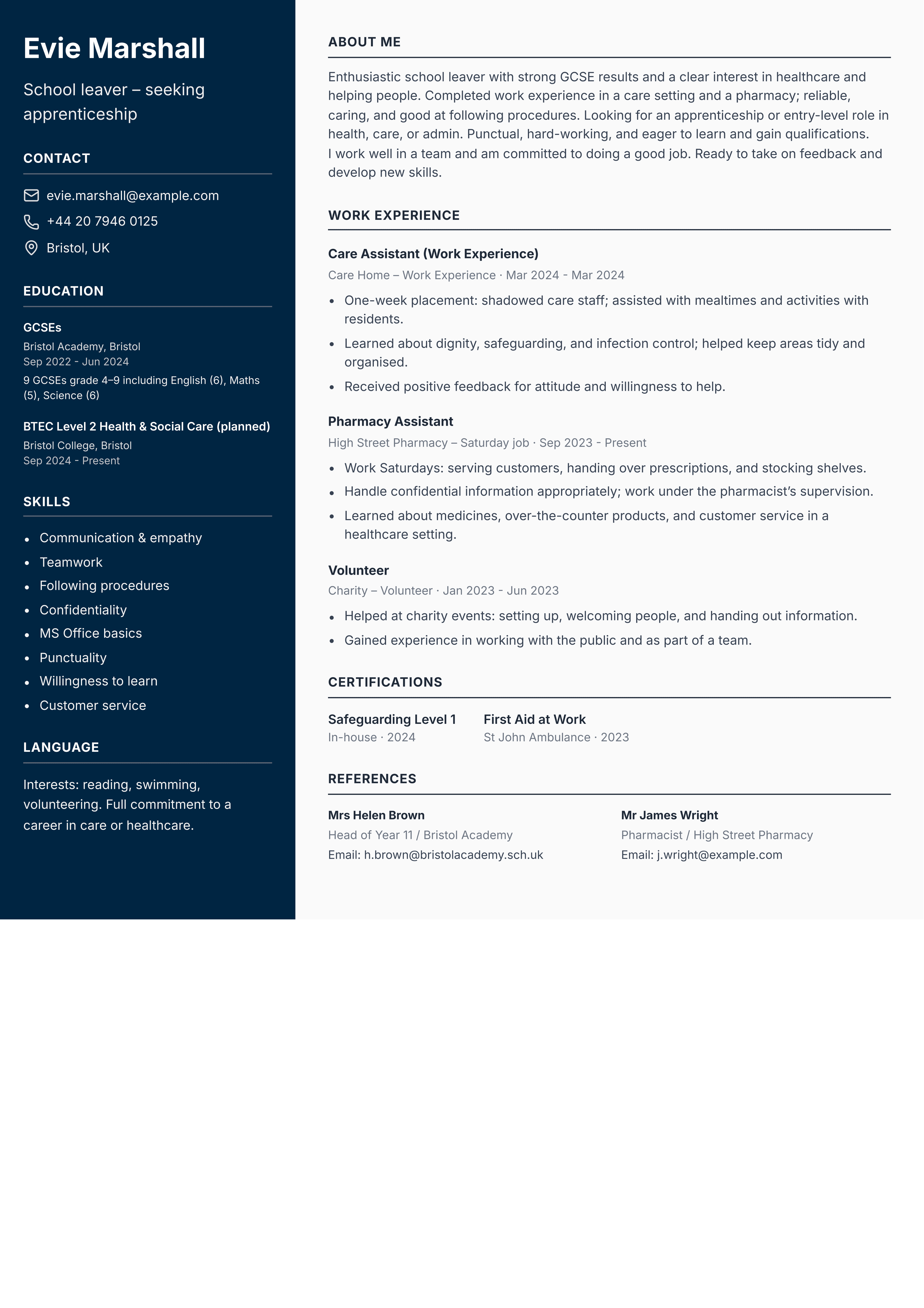 school leaver cv template