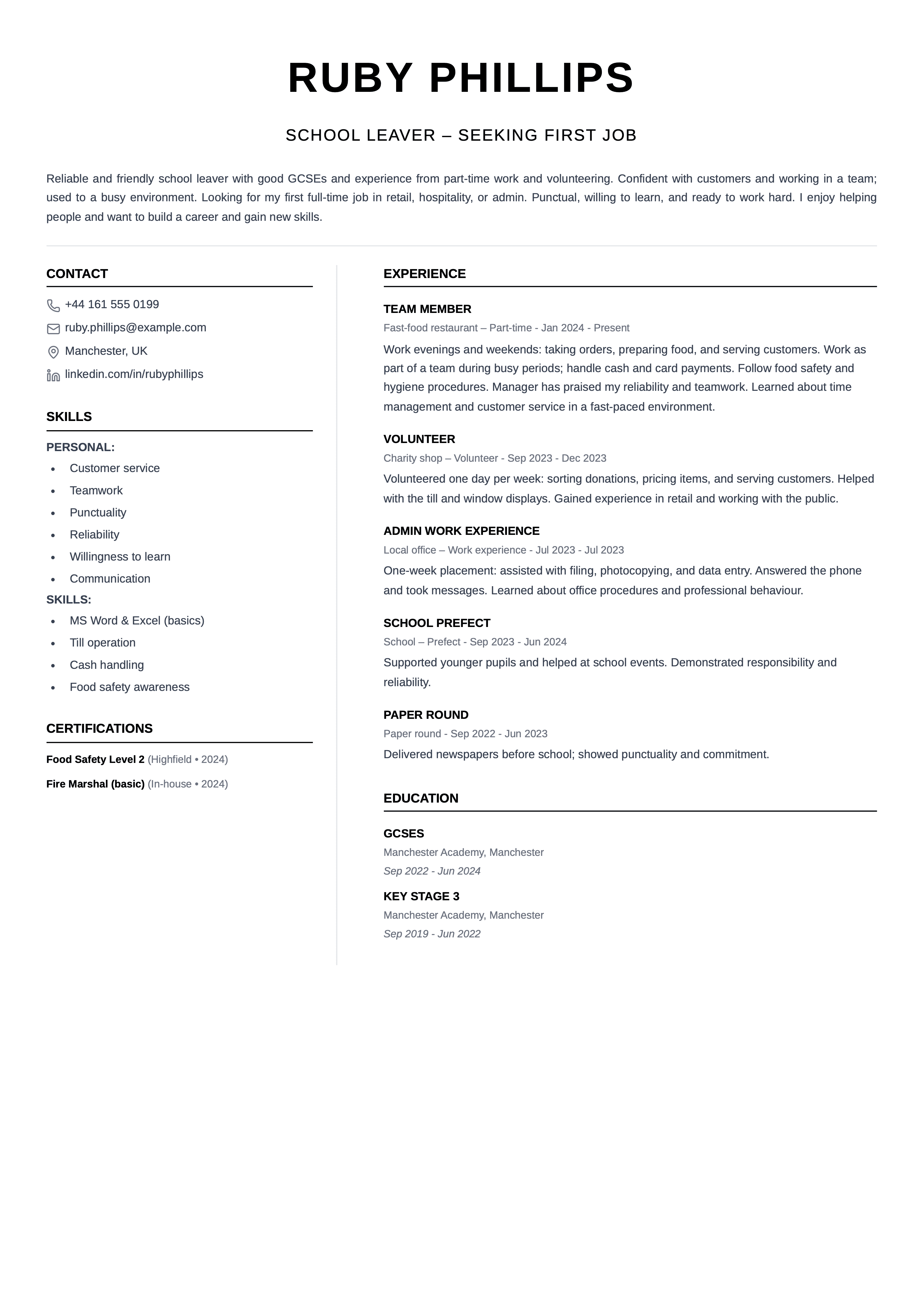 school leaver cv template