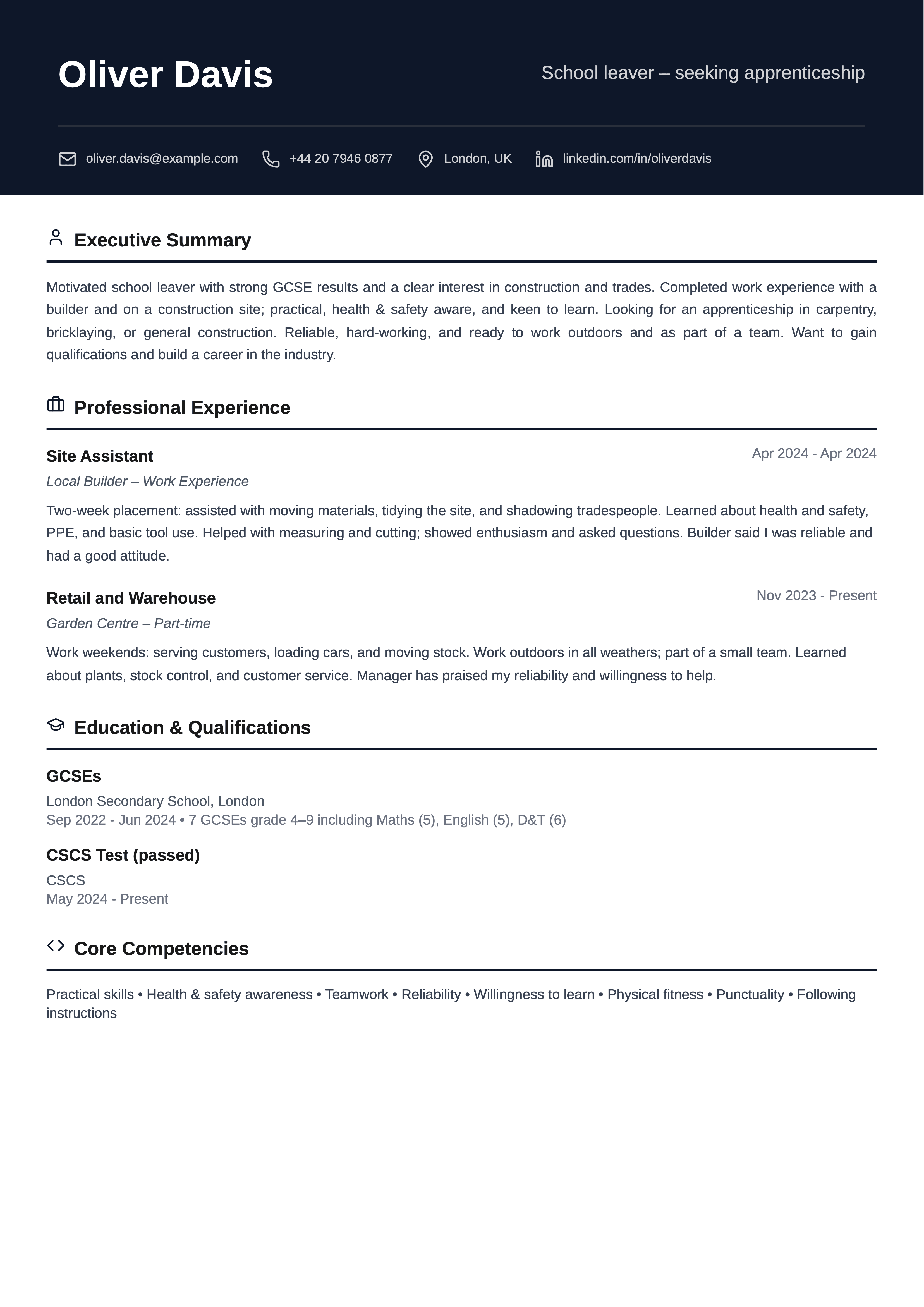 school leaver cv template