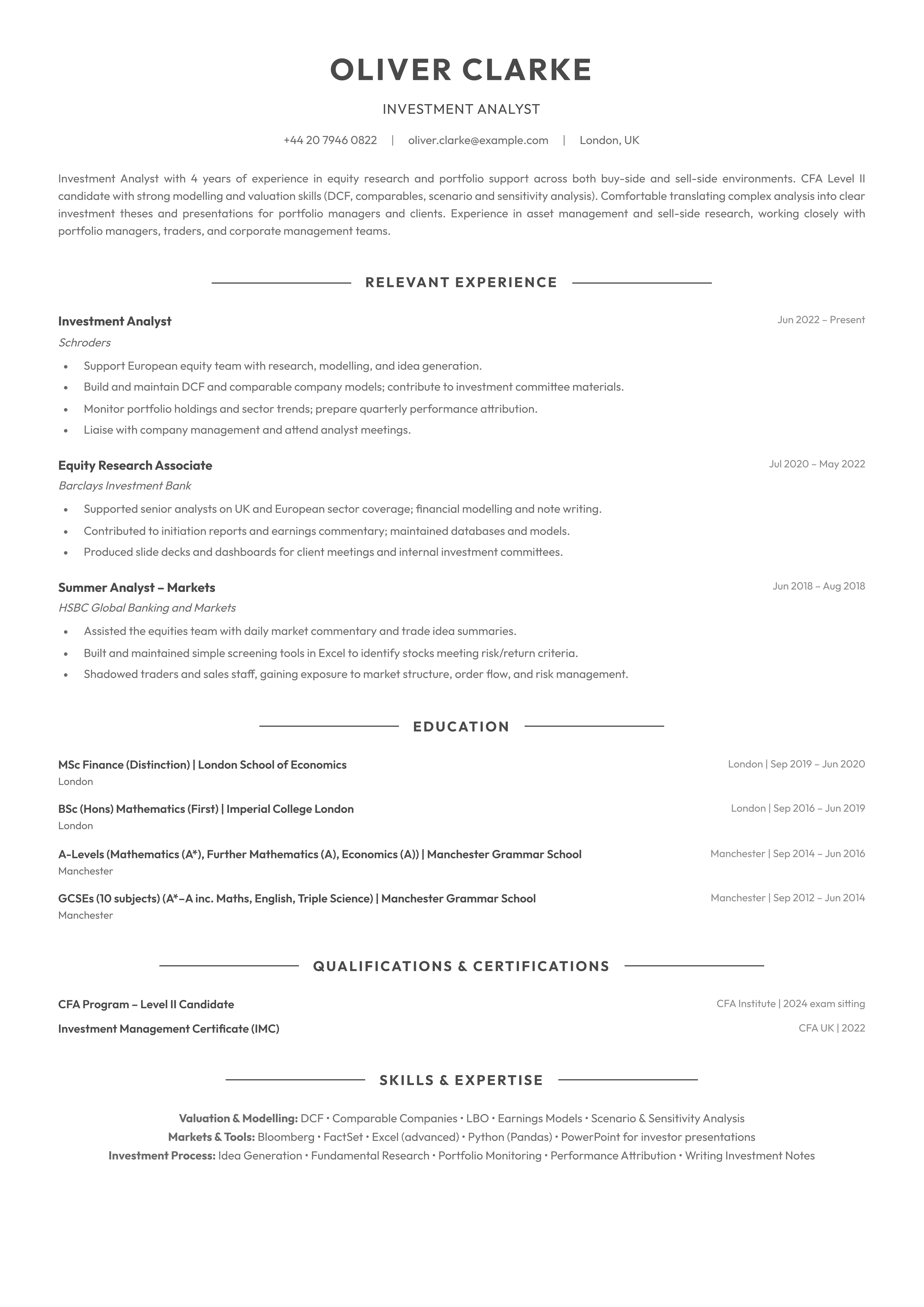Finance CV template - Investment Analyst