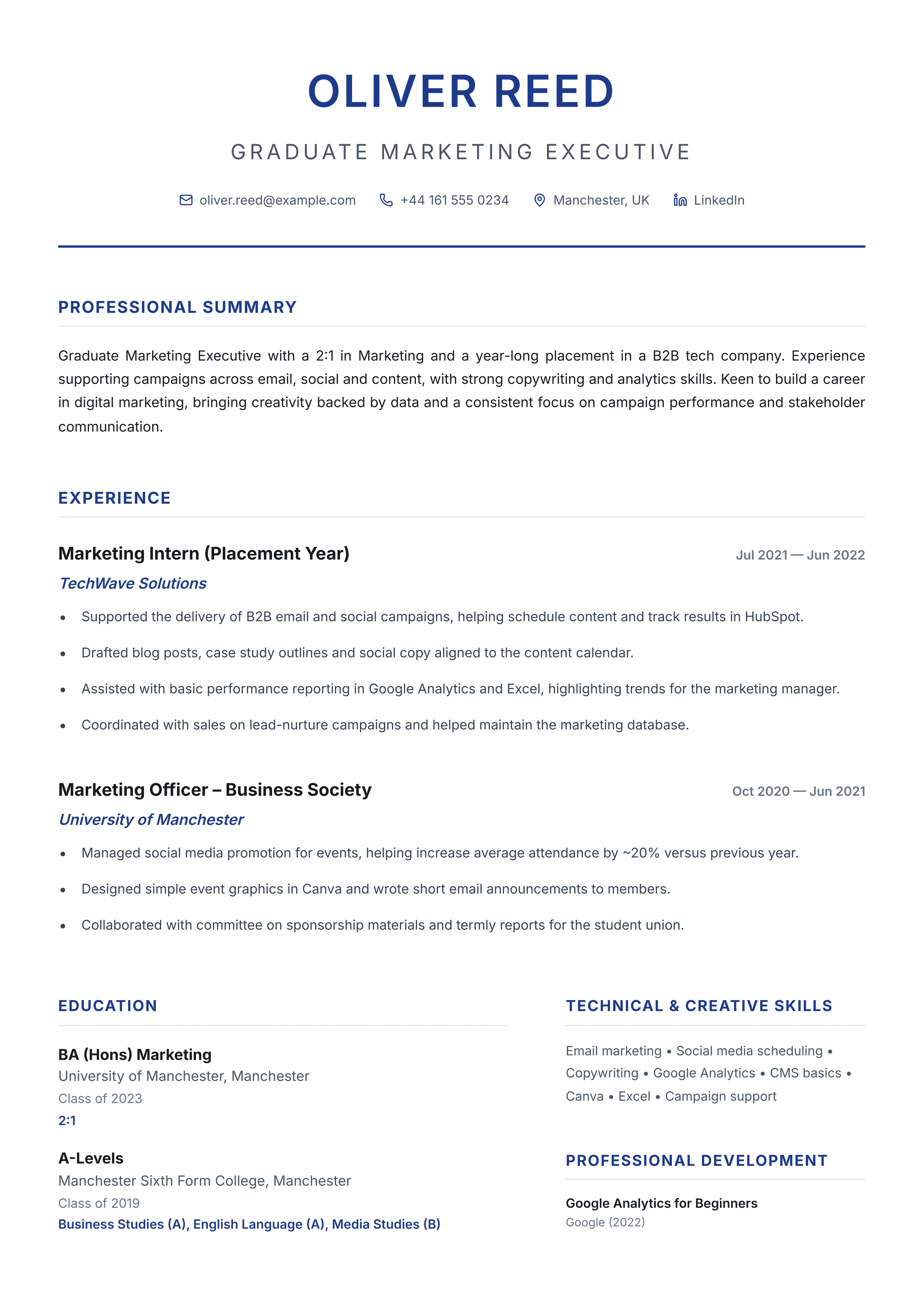 Graduate CV template - Internship Focus