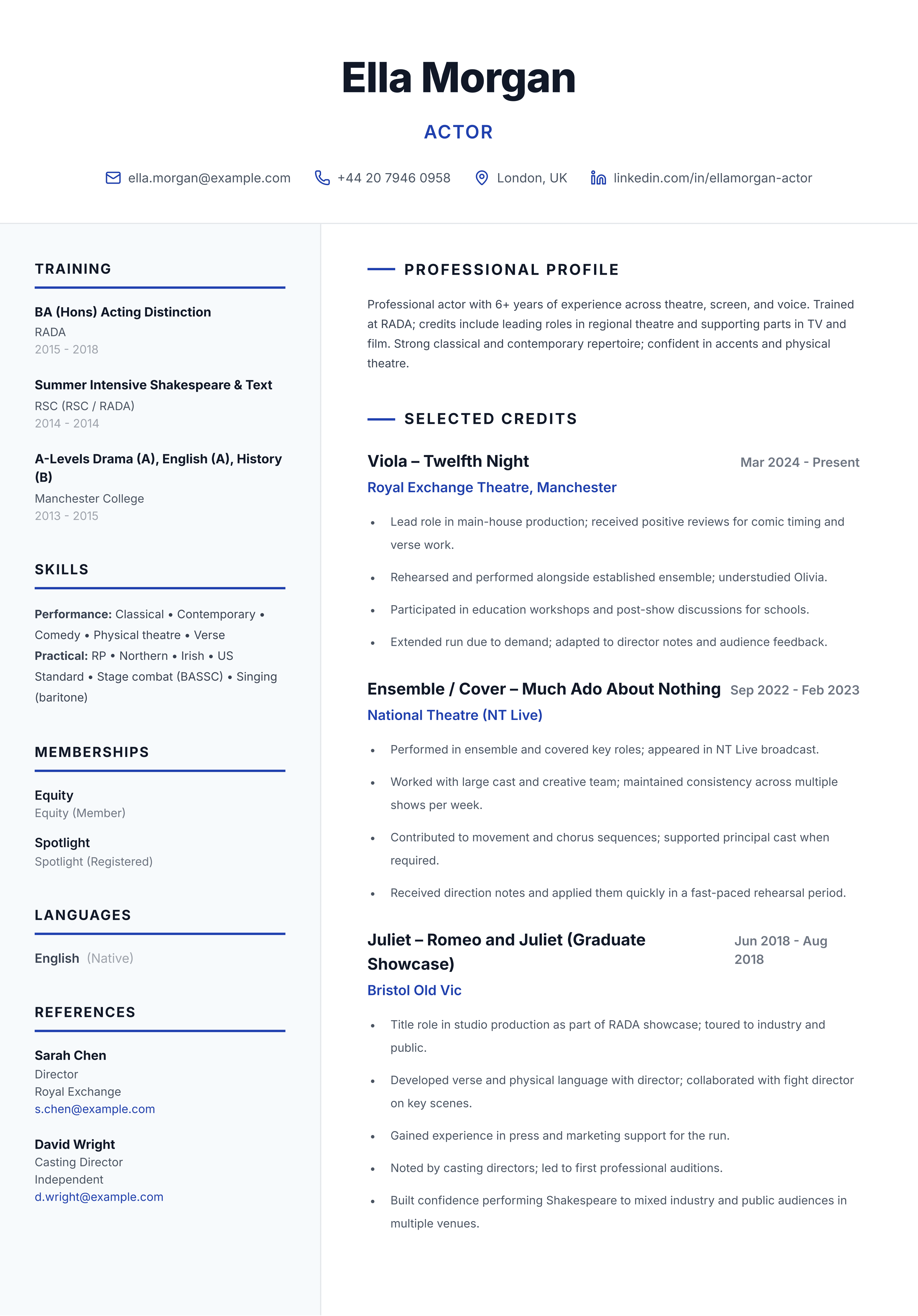 Acting CV template - Theatre and Screen