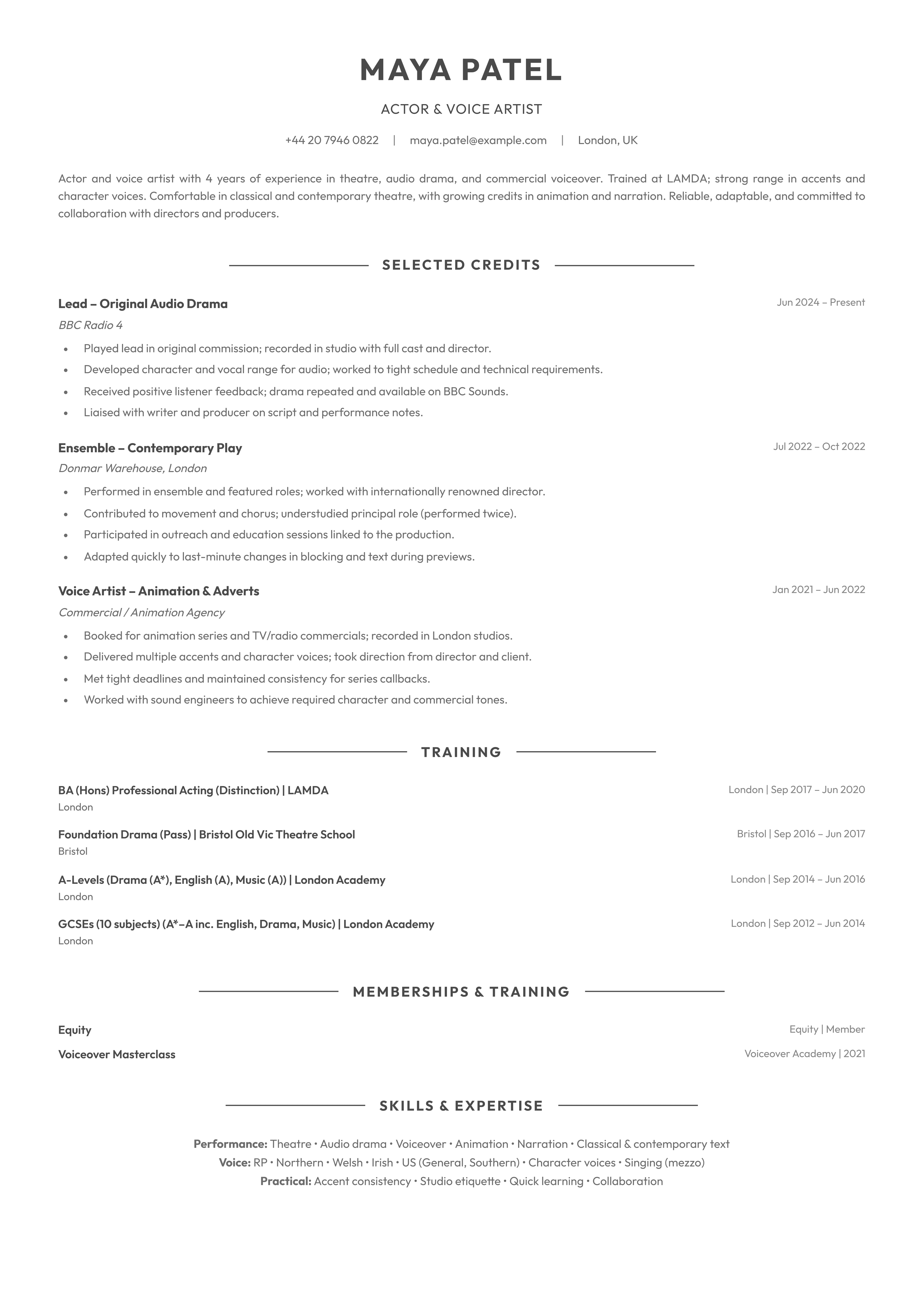 Acting CV template - Voice Artist