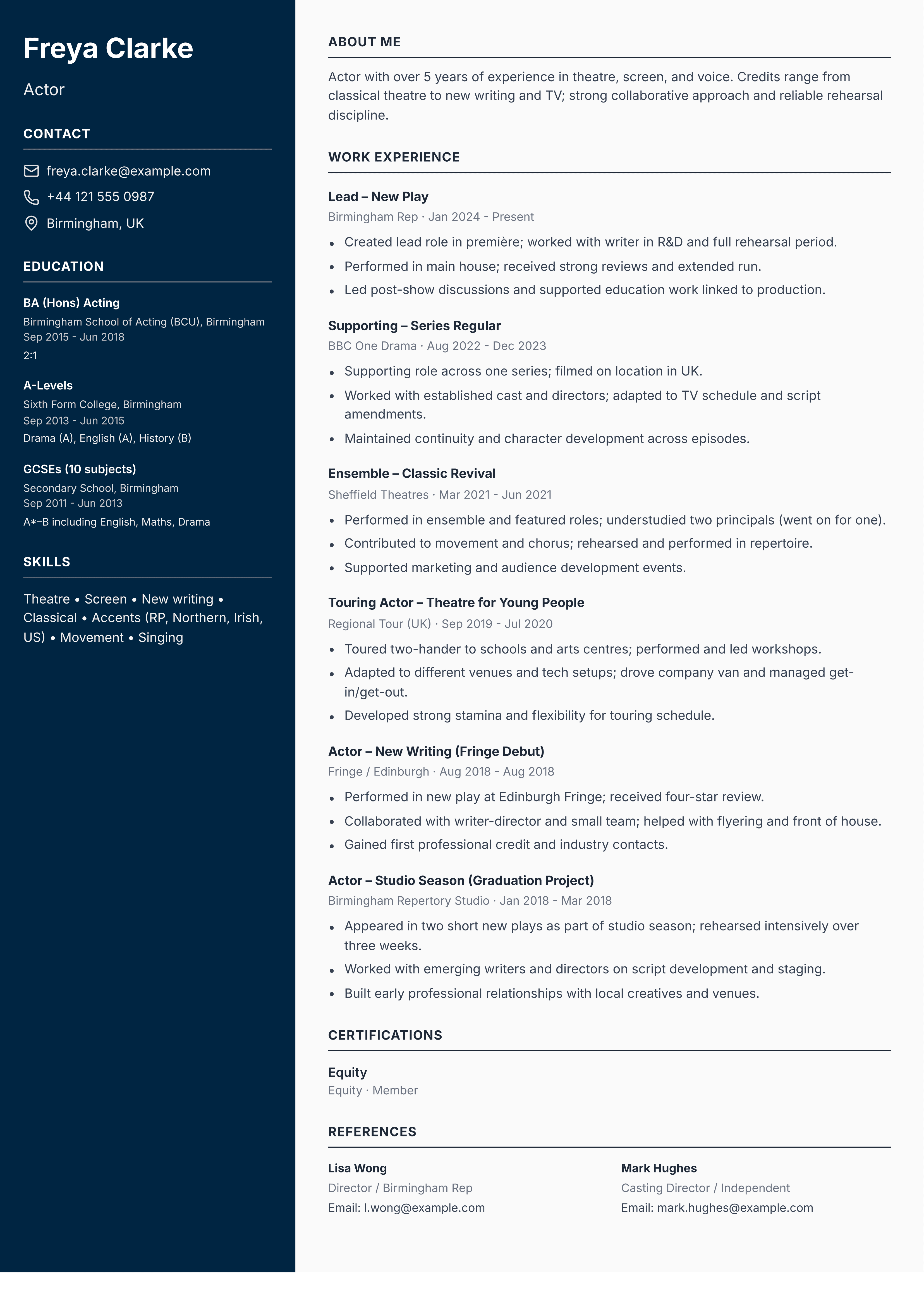 theatre and tv actor cv template