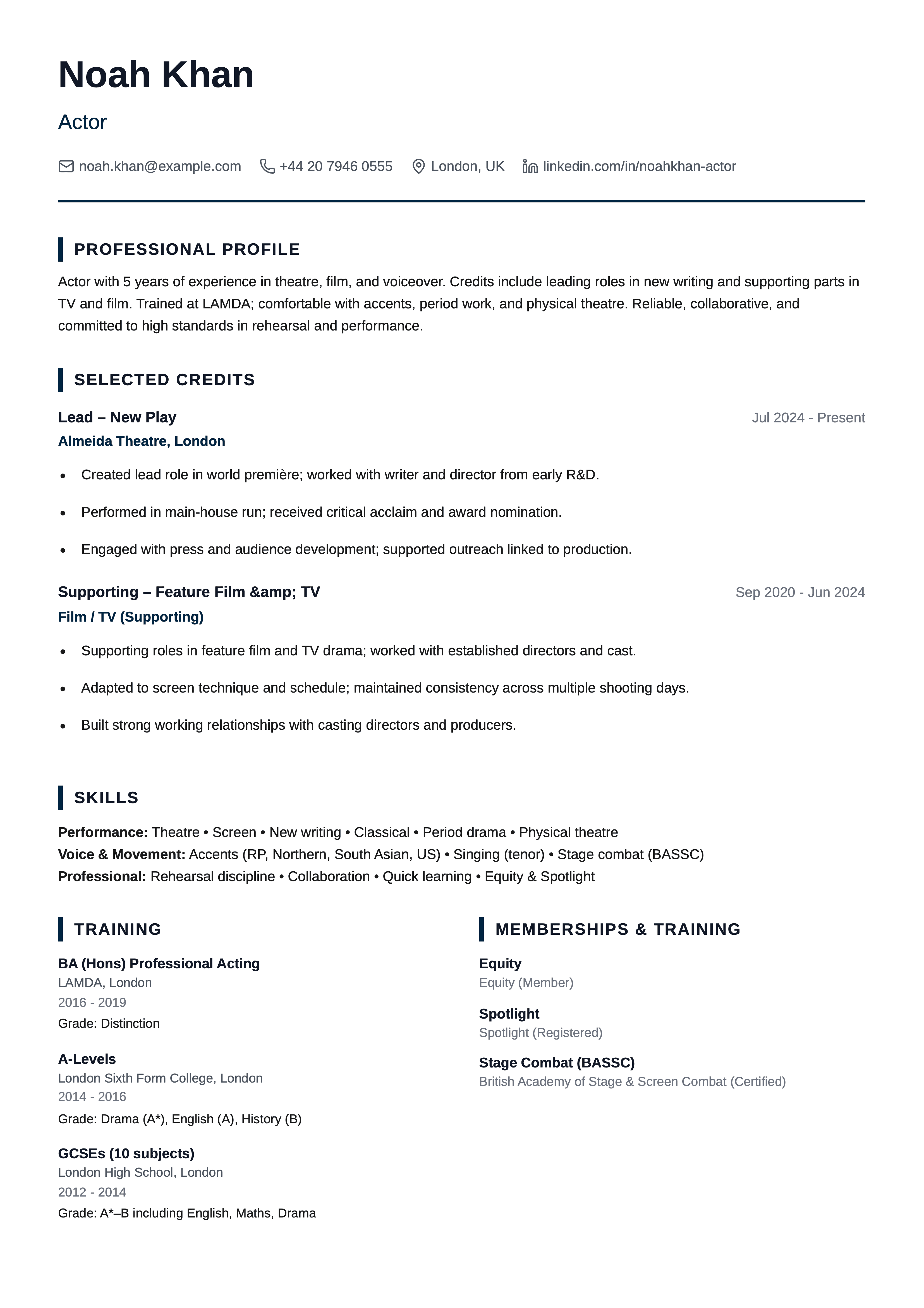theatre and film actor cv template