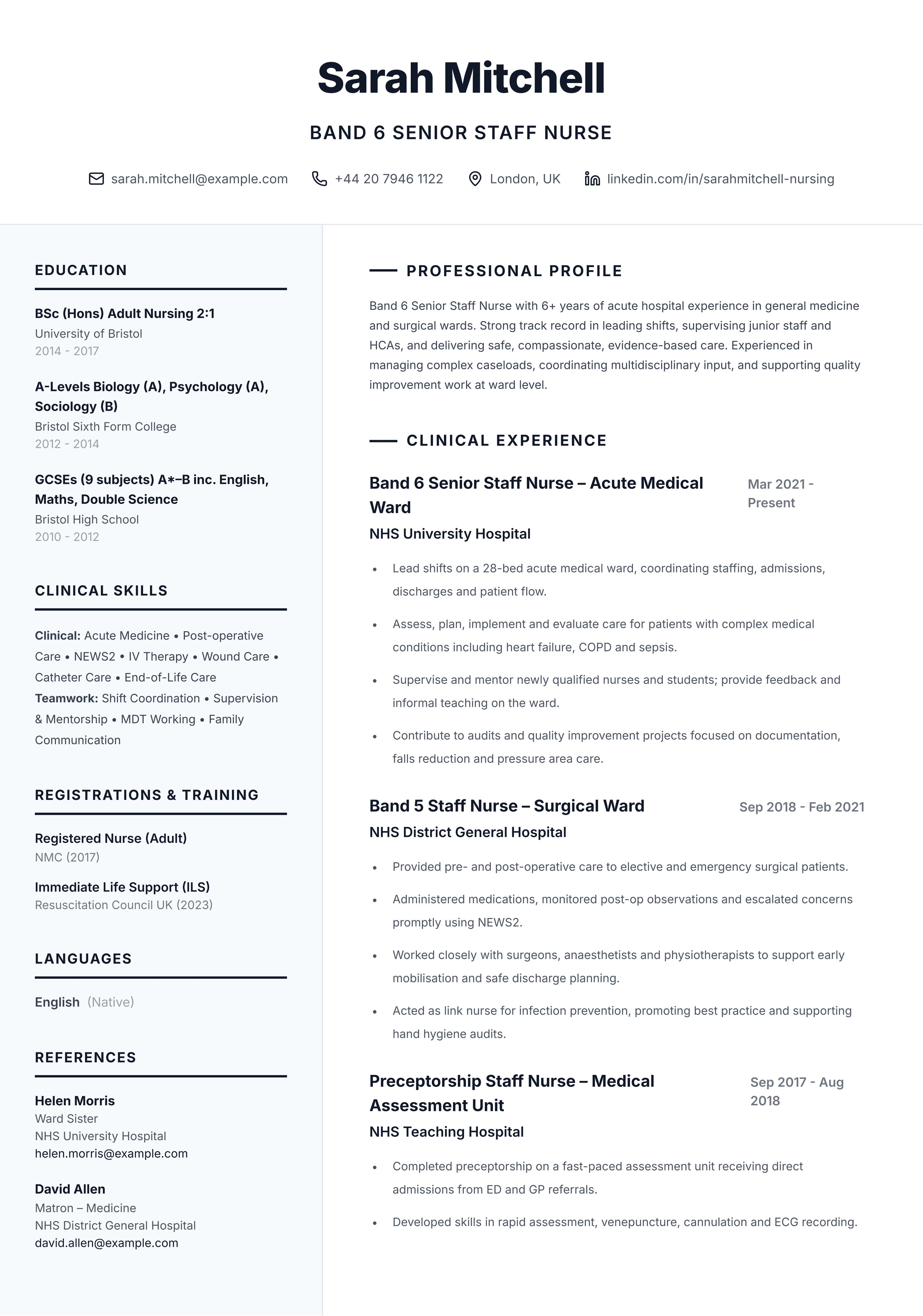 Senior staff nurse CV template