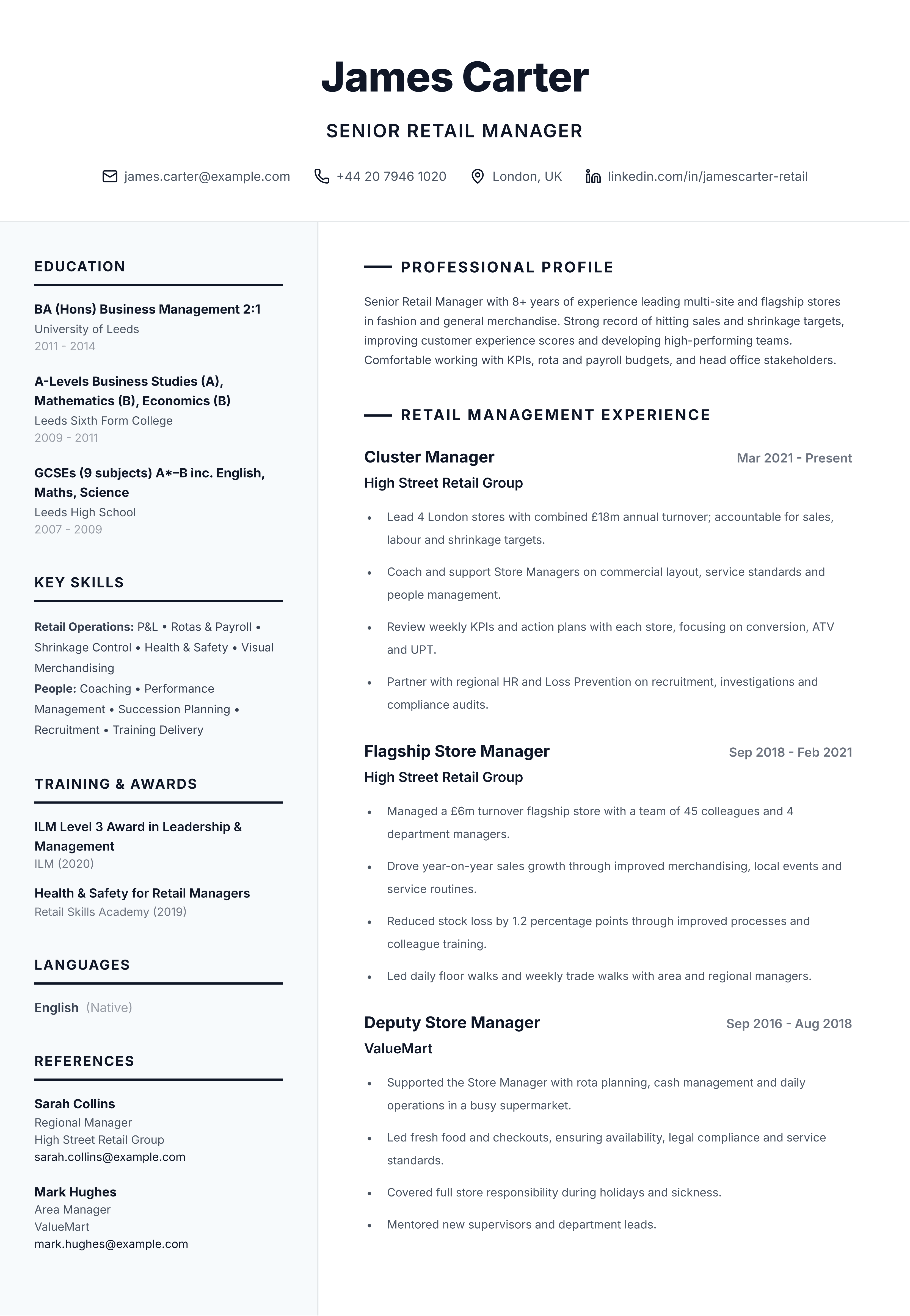 Senior retail manager CV template