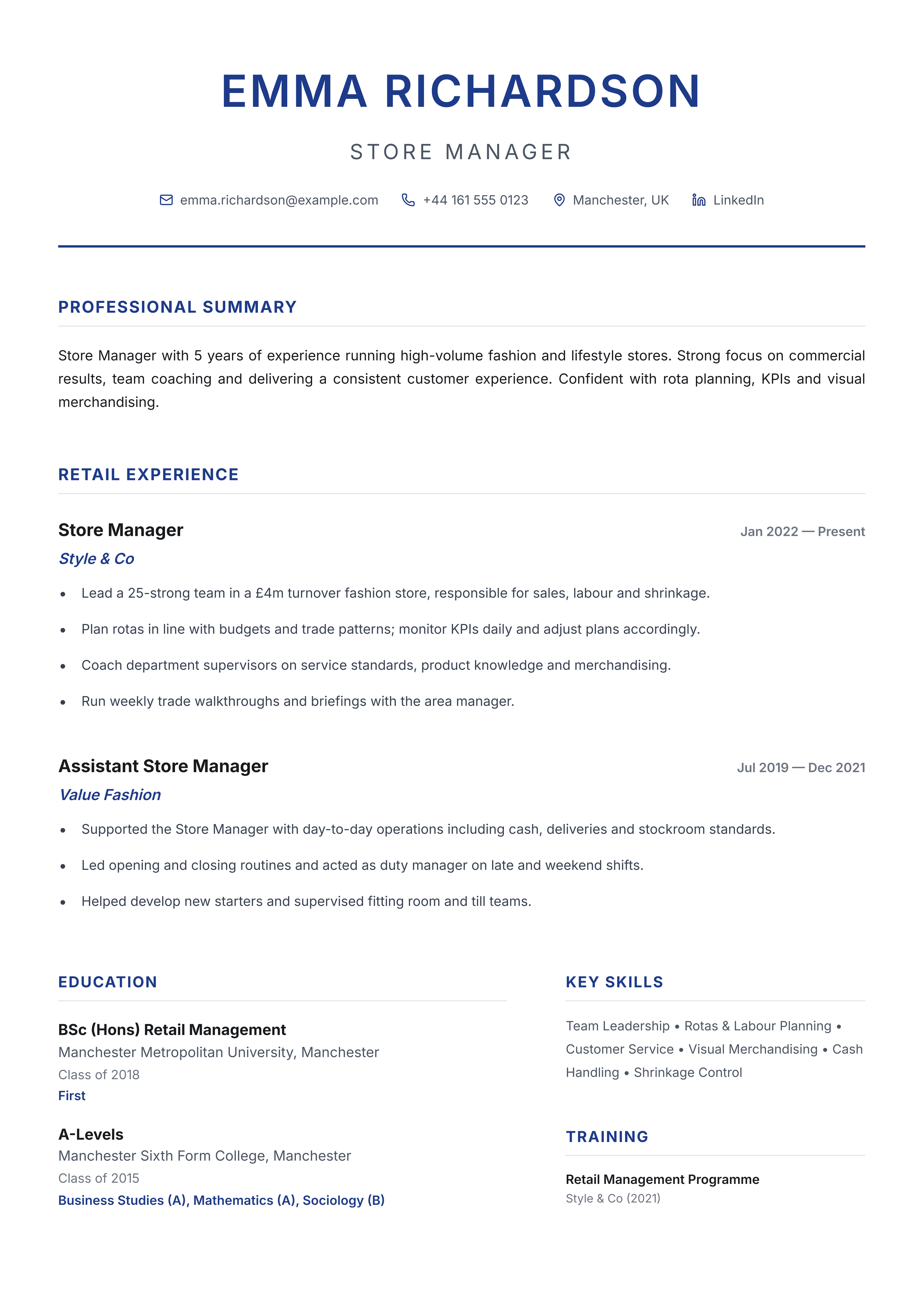 Store manager CV template