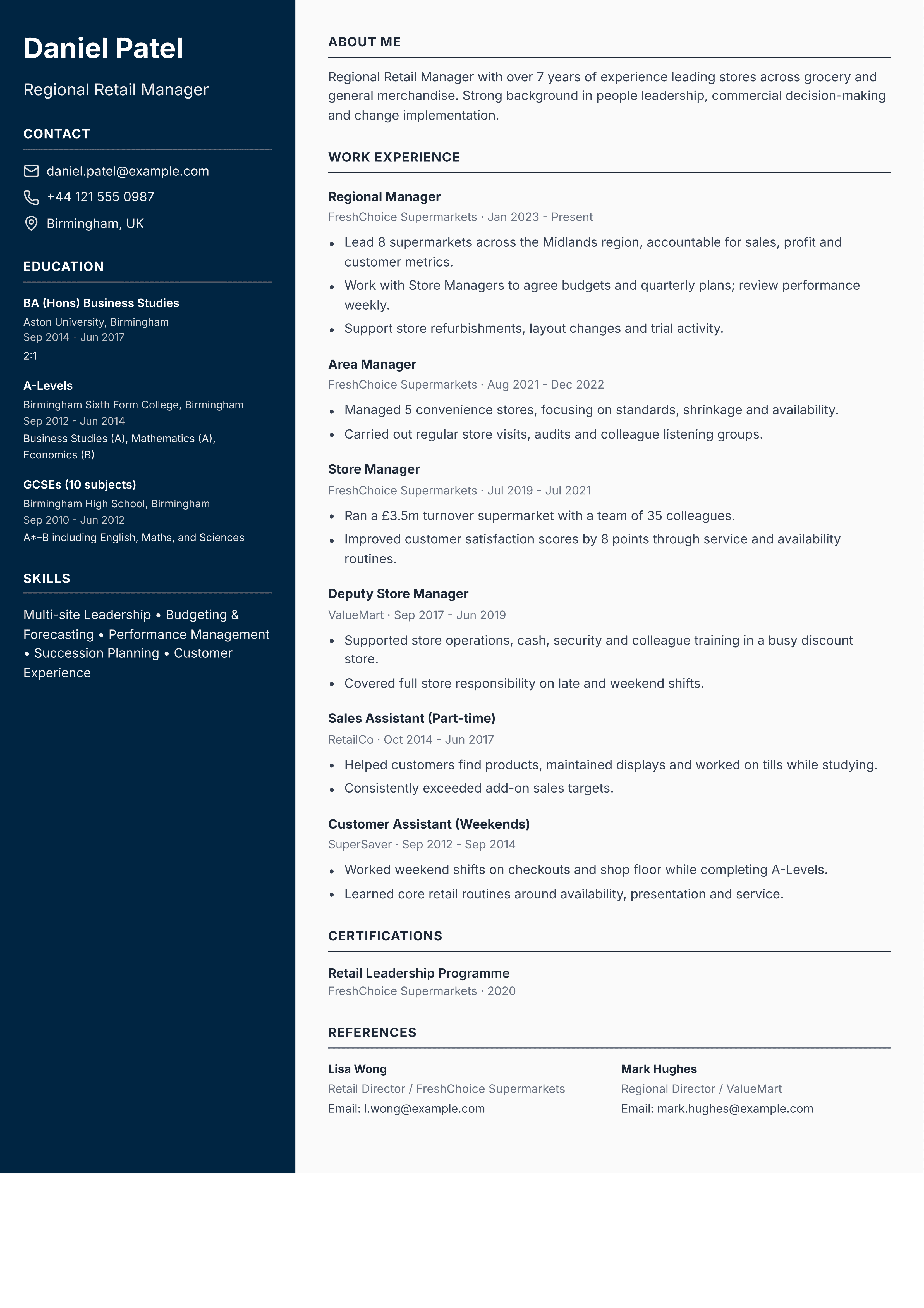 regional retail manager cv template