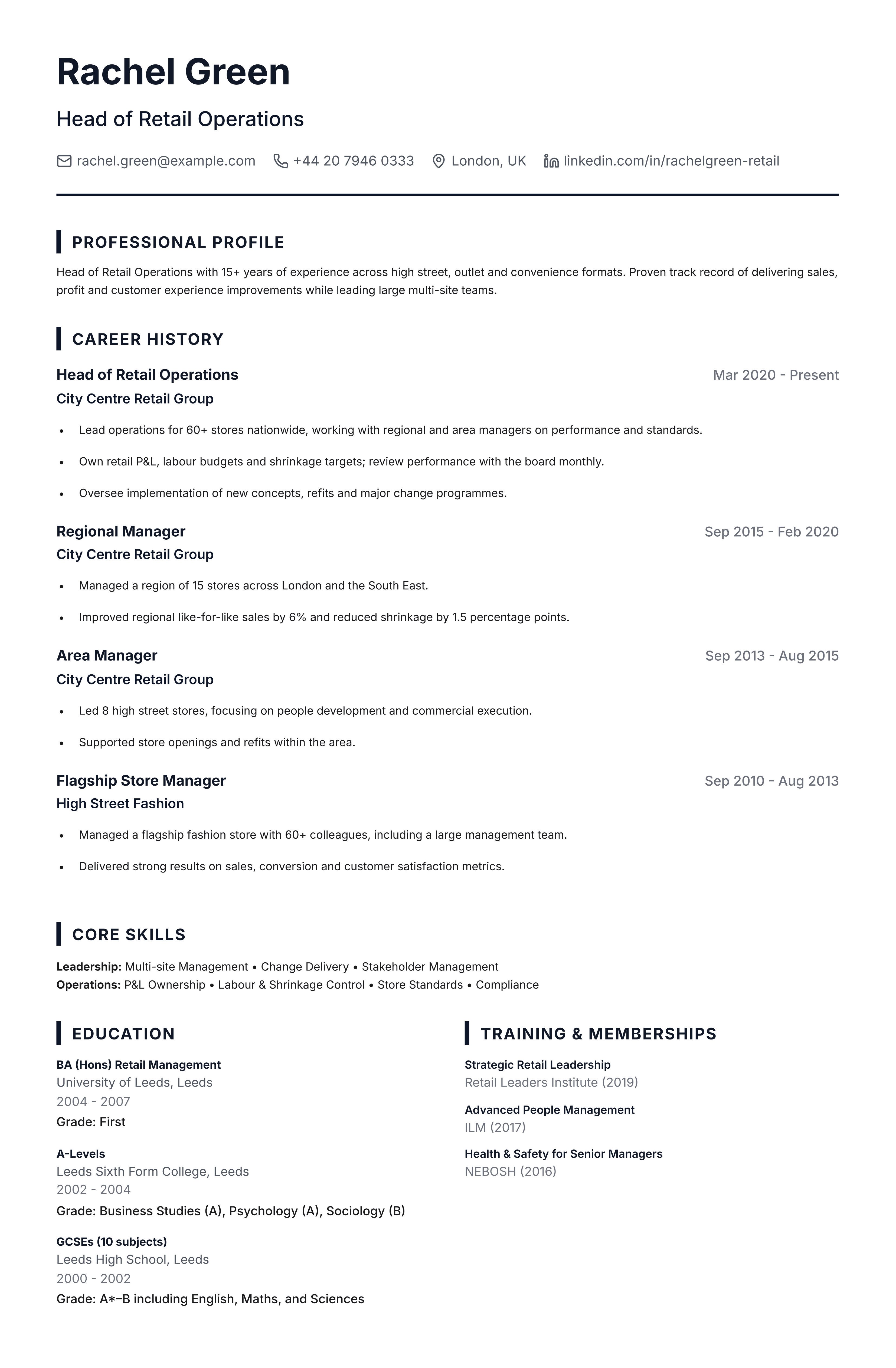 head of retail cv template