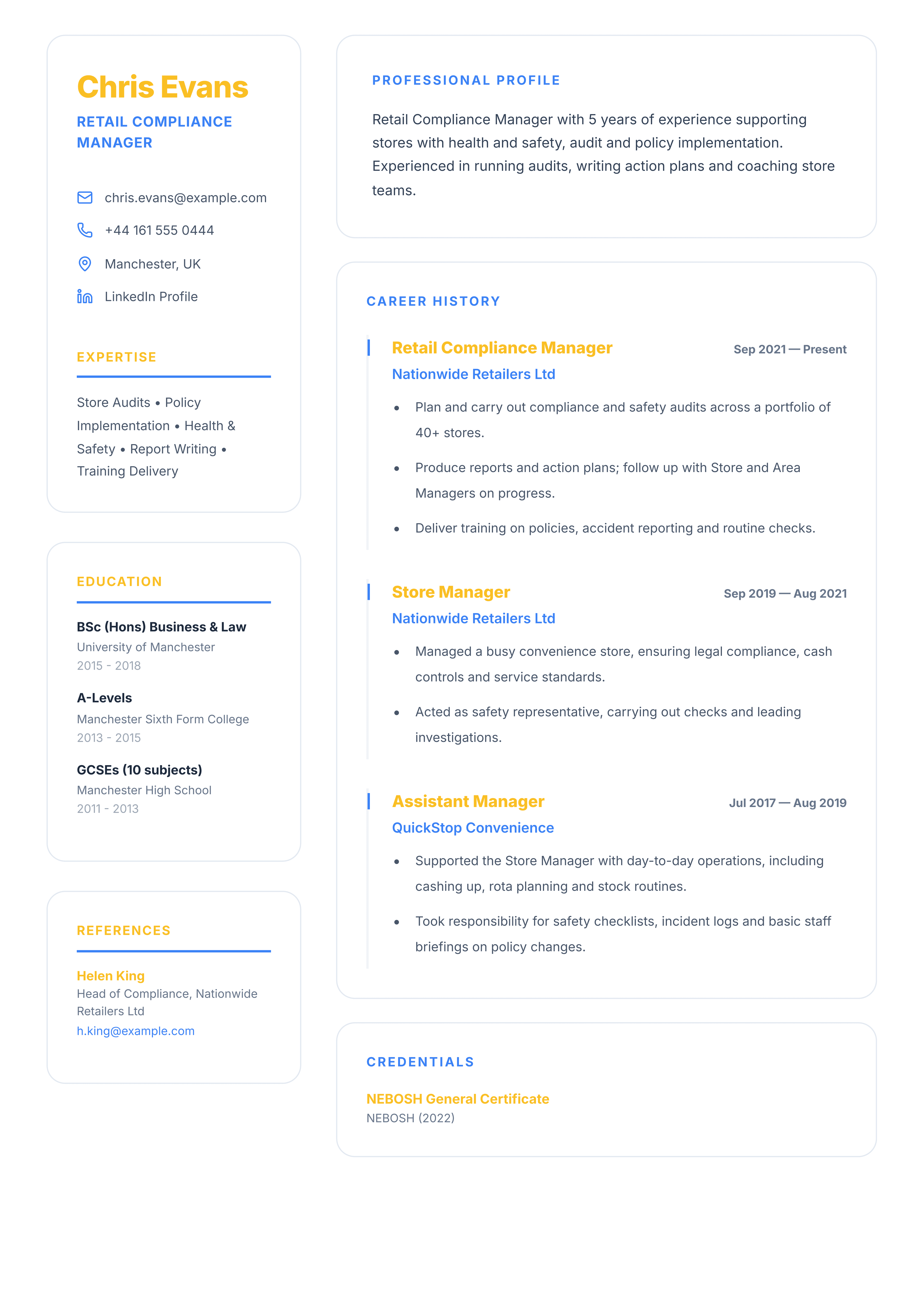 retail compliance manager cv template