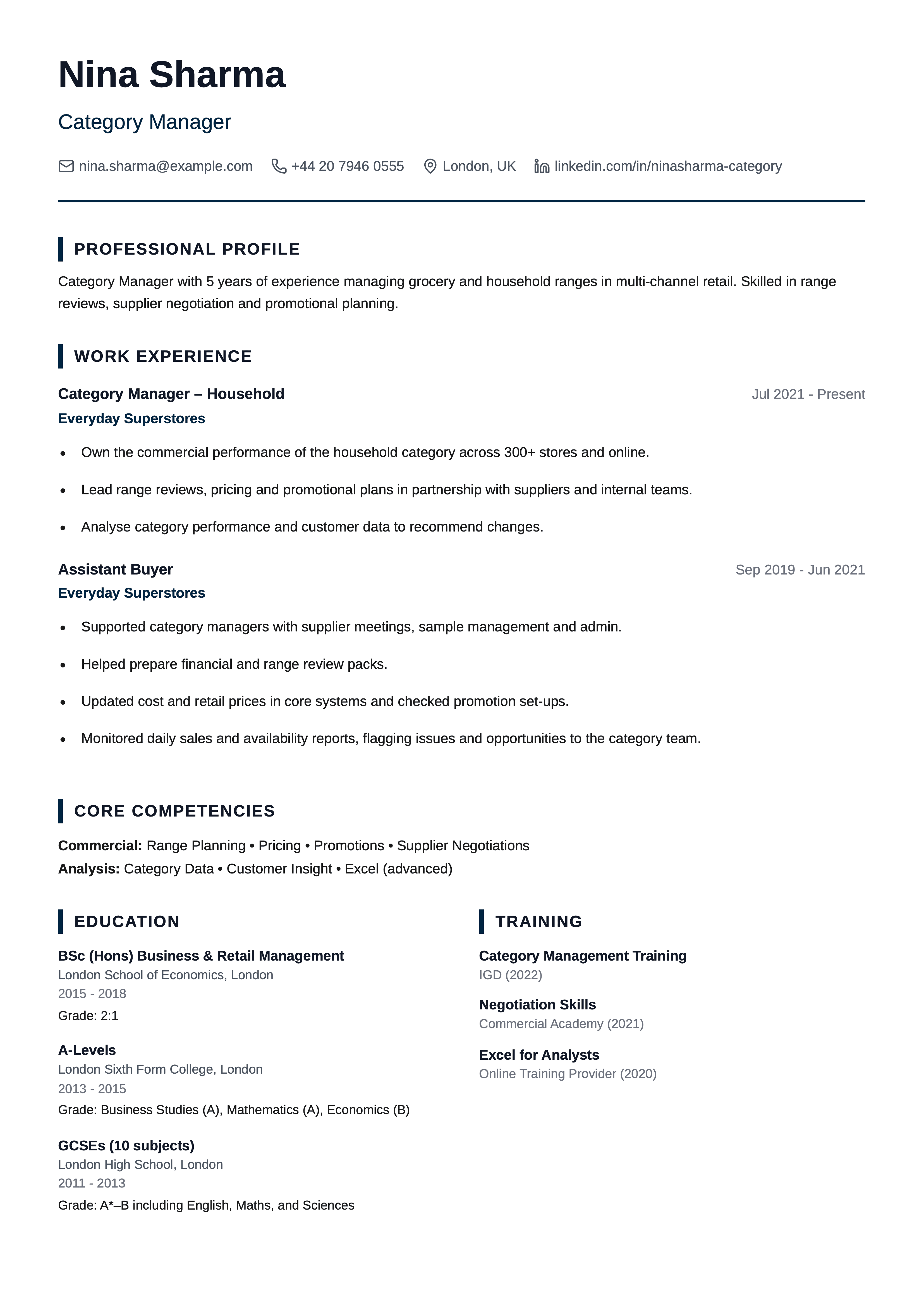 retail category manager cv template