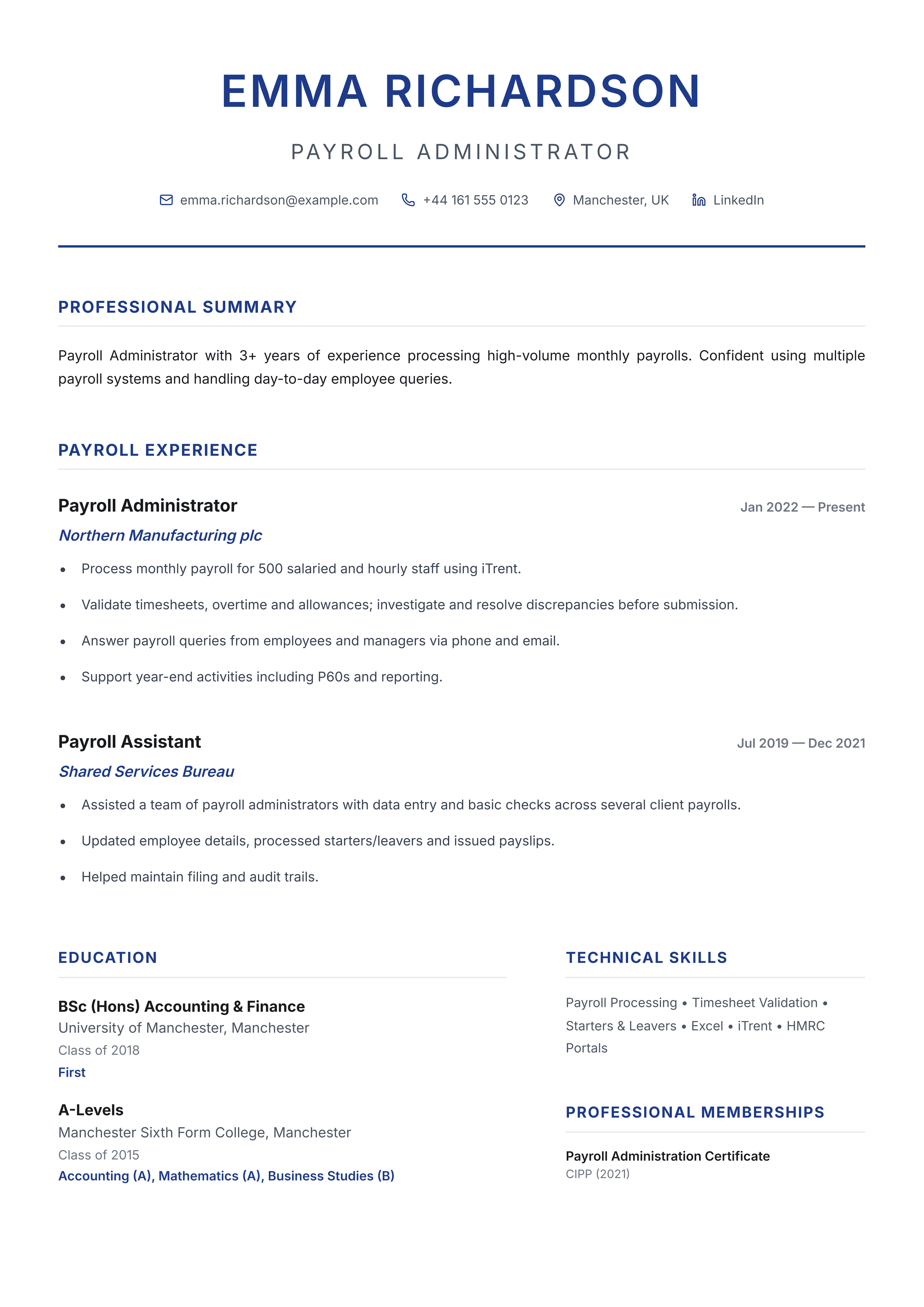 Payroll administrator cv template