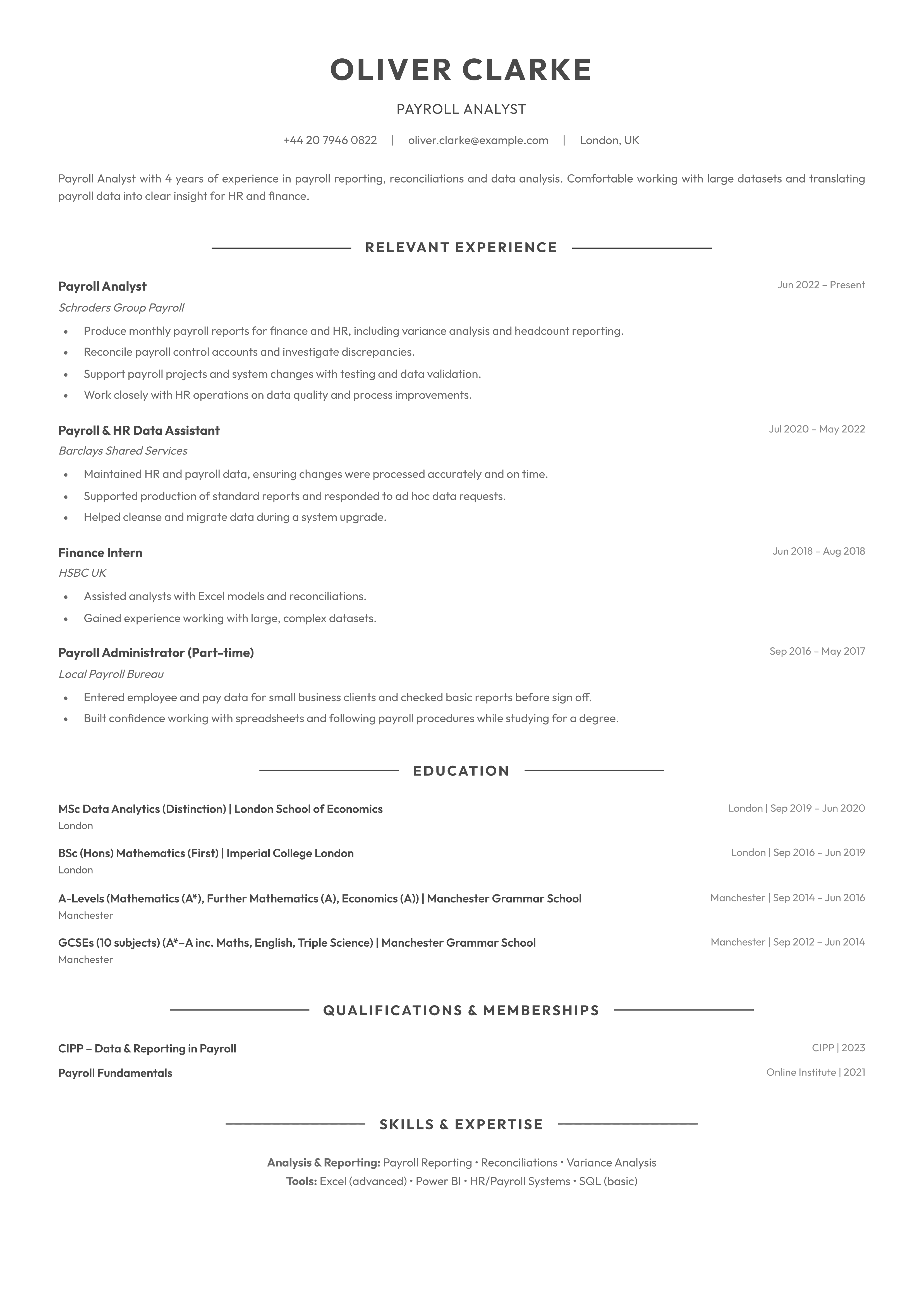 Payroll analyst cv template