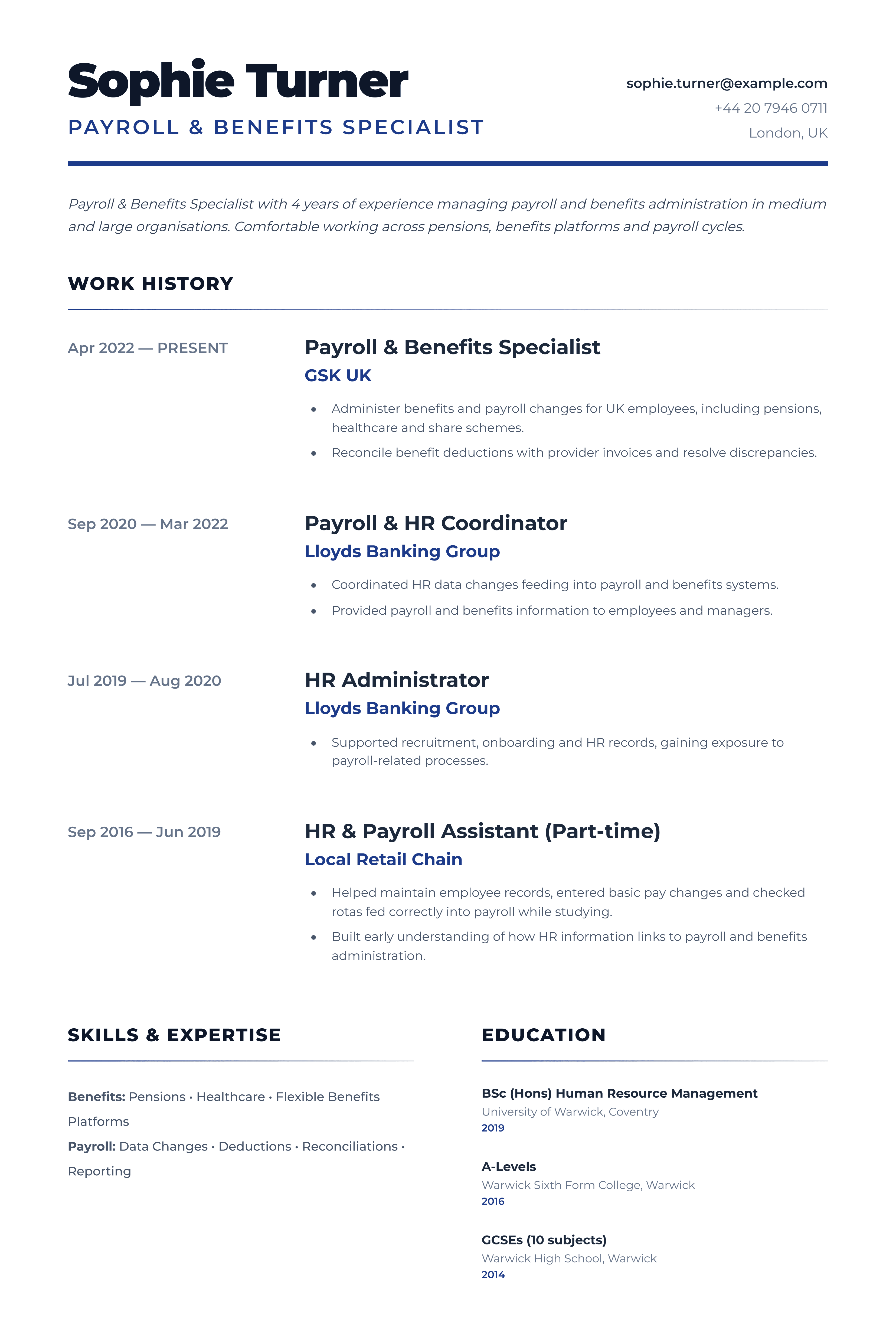 payroll and benefits cv template