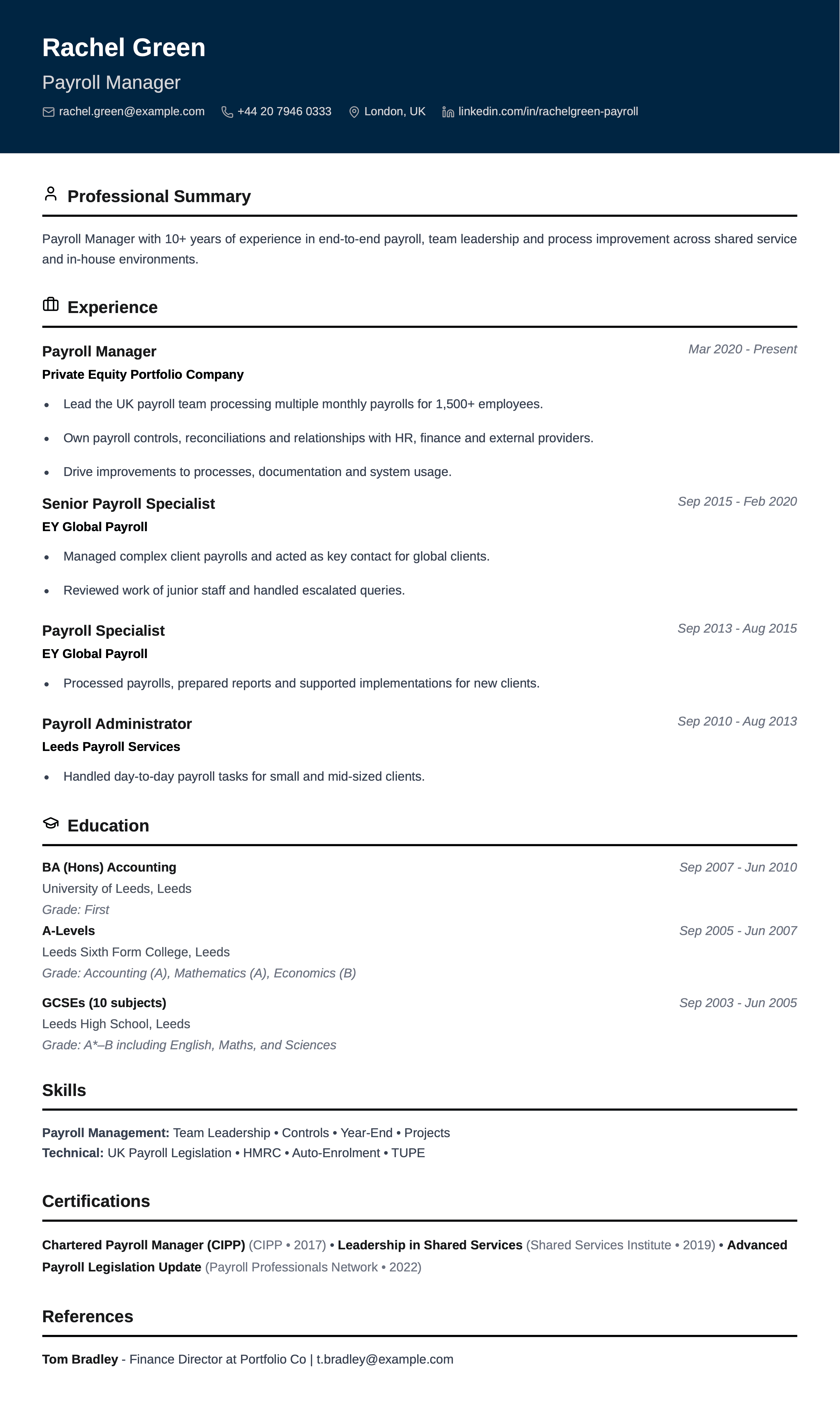 payroll manager cv template