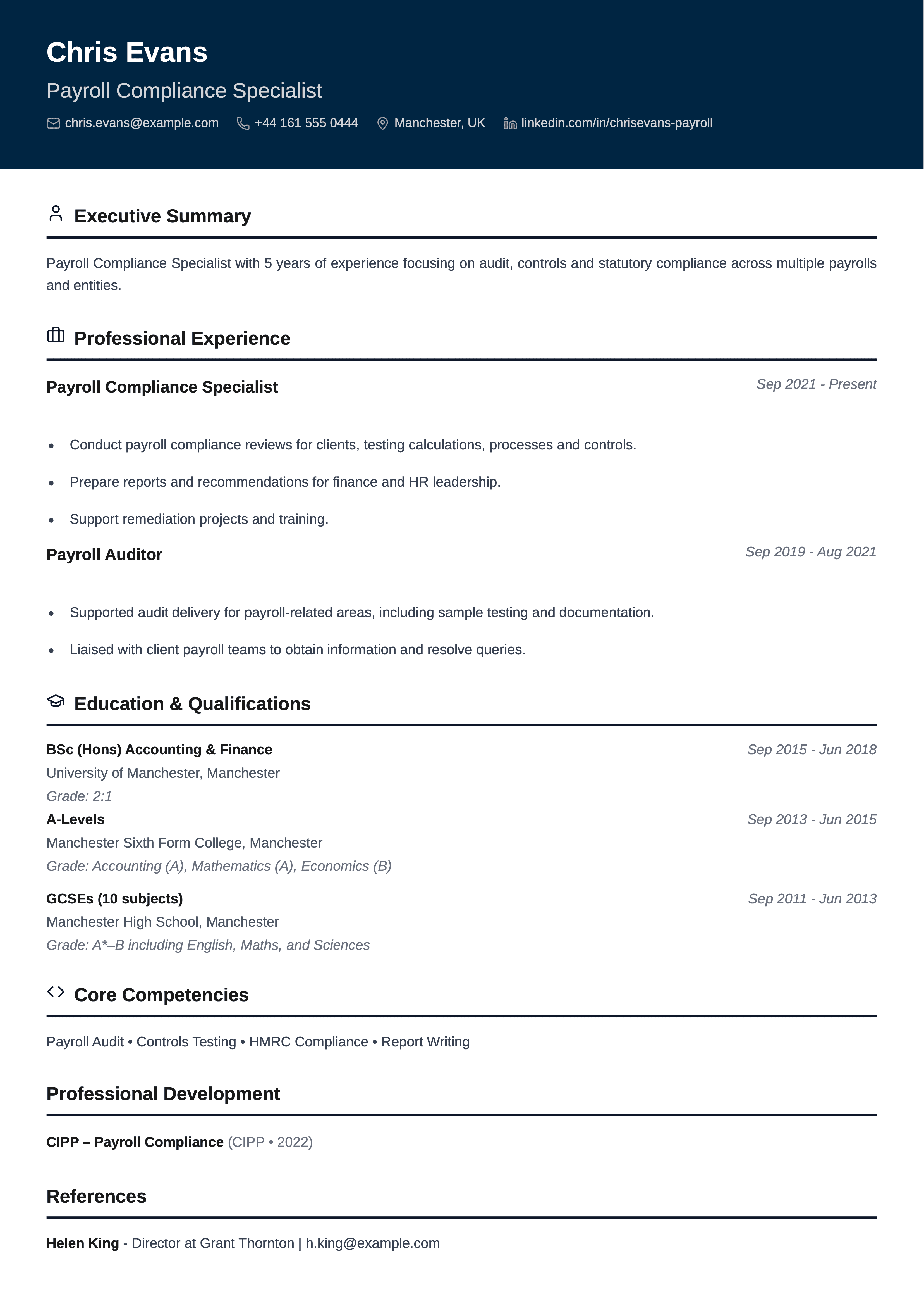 payroll compliance specialist cv template