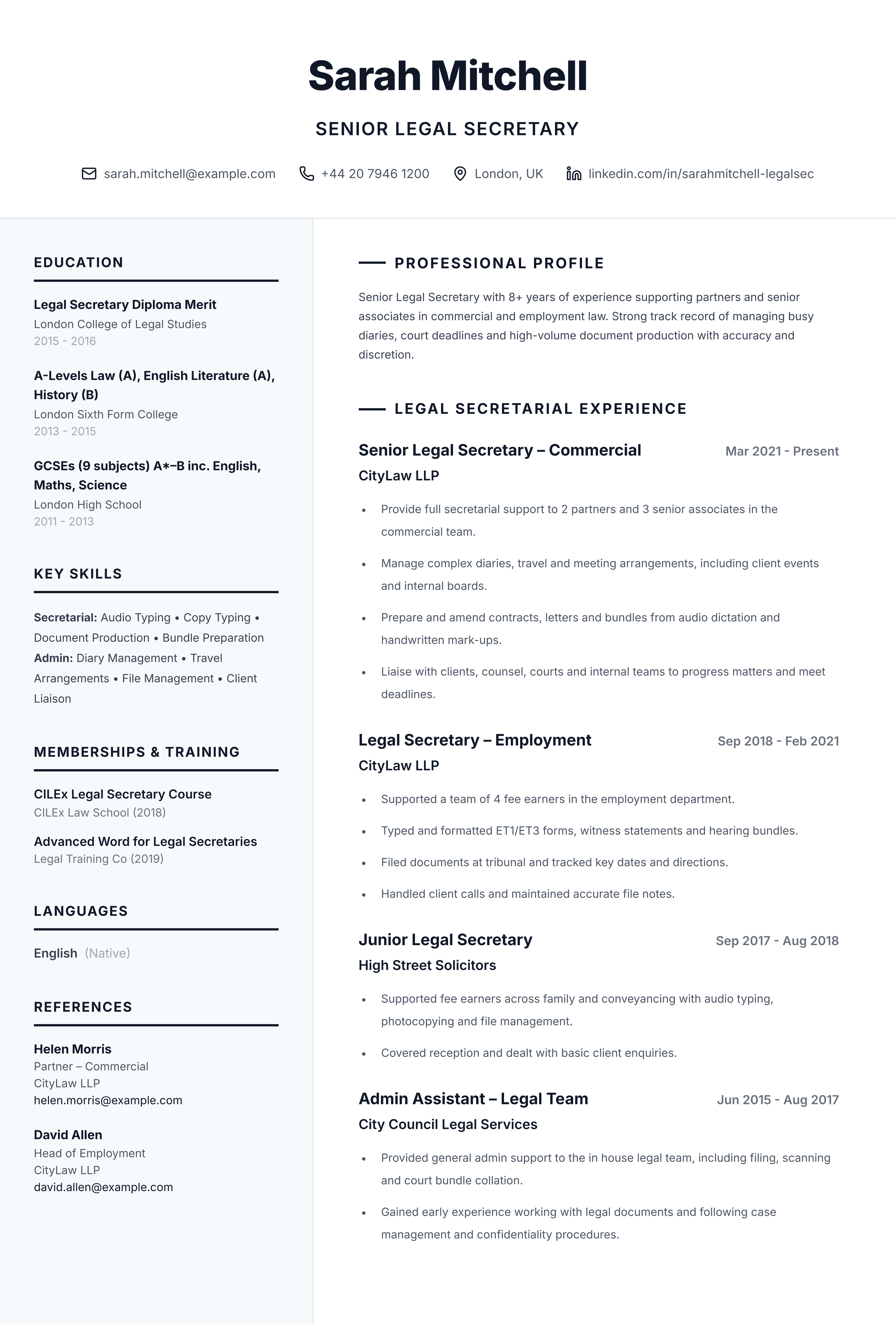 Senior legal secretary cv template