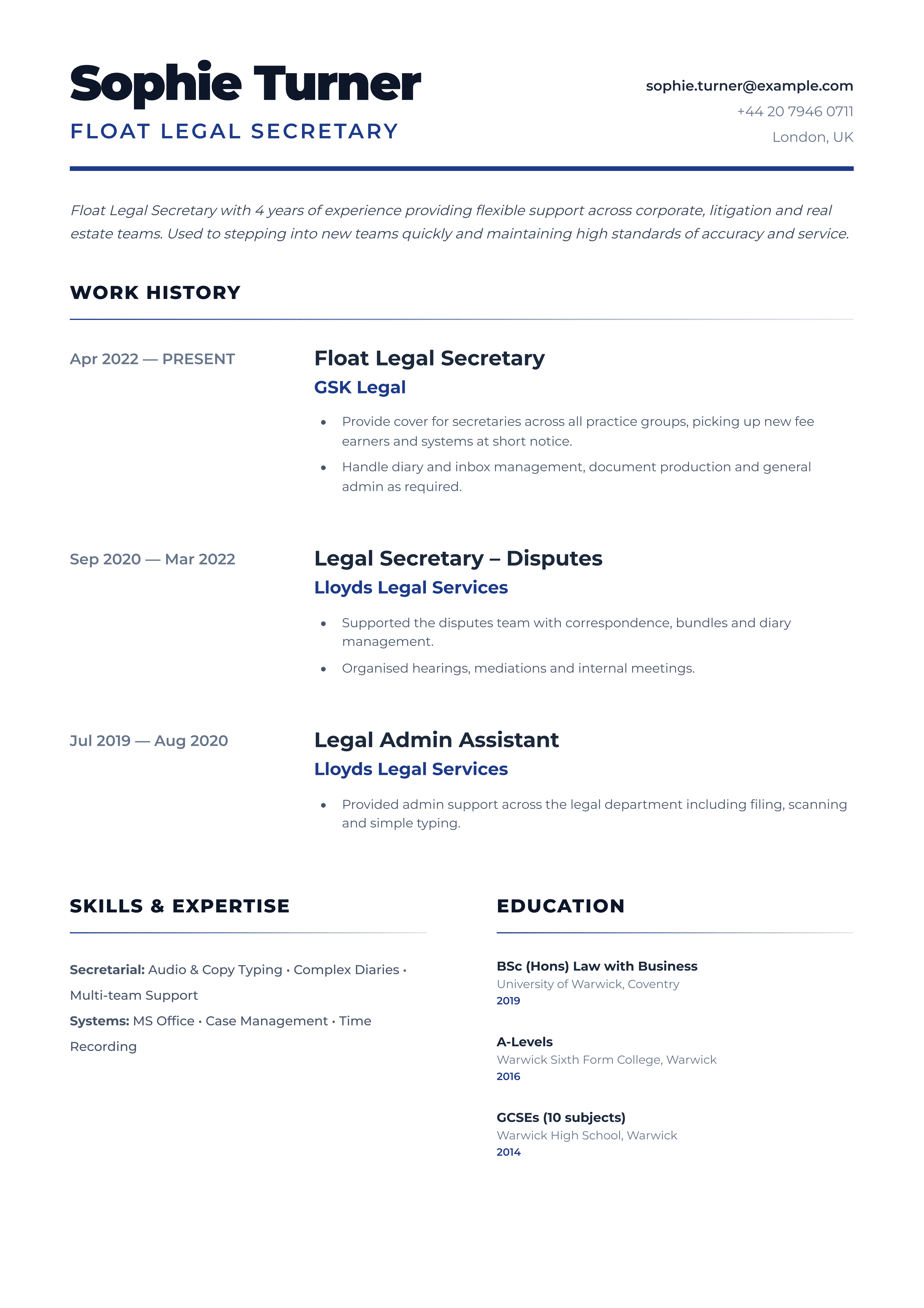 float legal secretary cv template