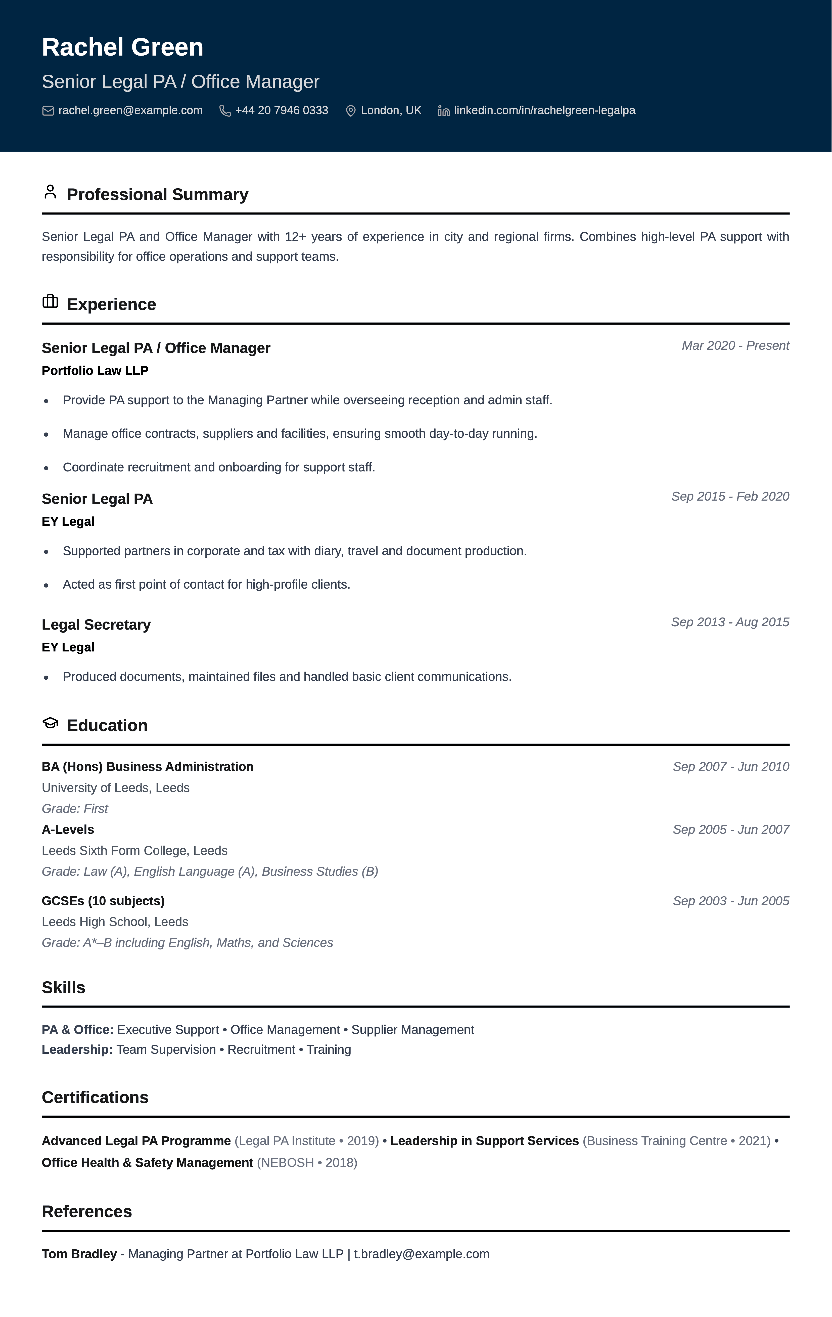 senior legal pa office manager cv template