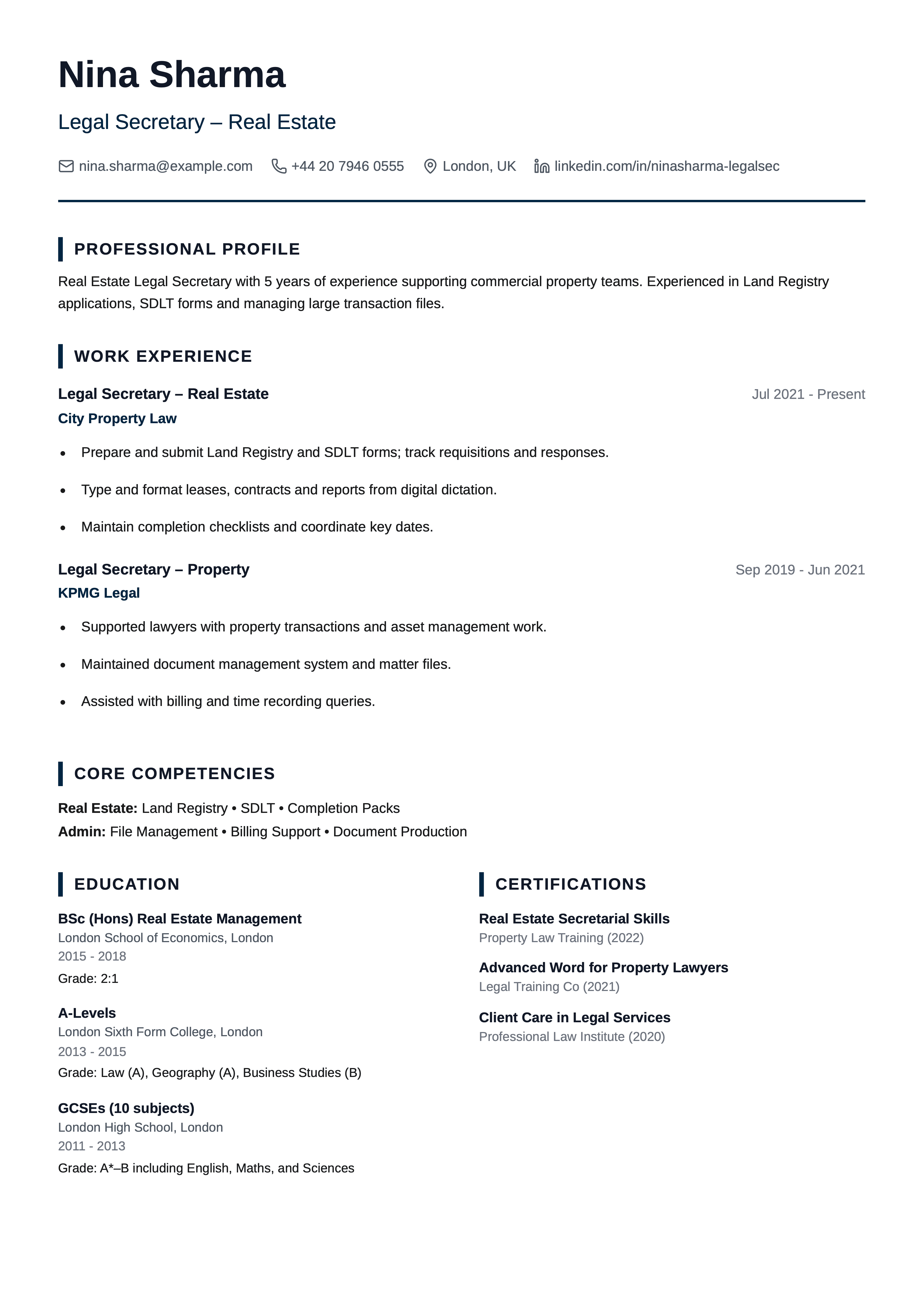real estate legal secretary cv template