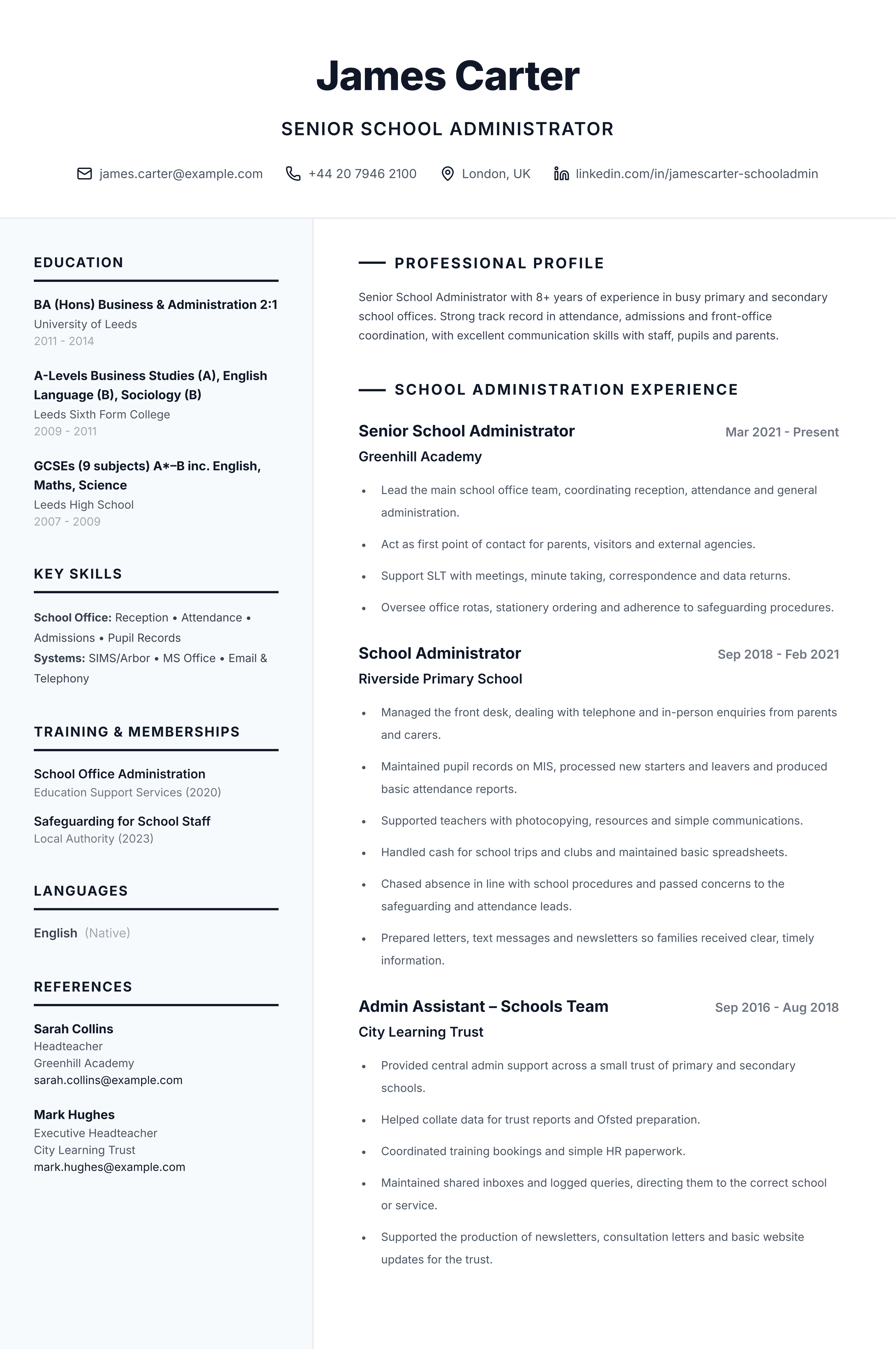Senior school administrator CV template