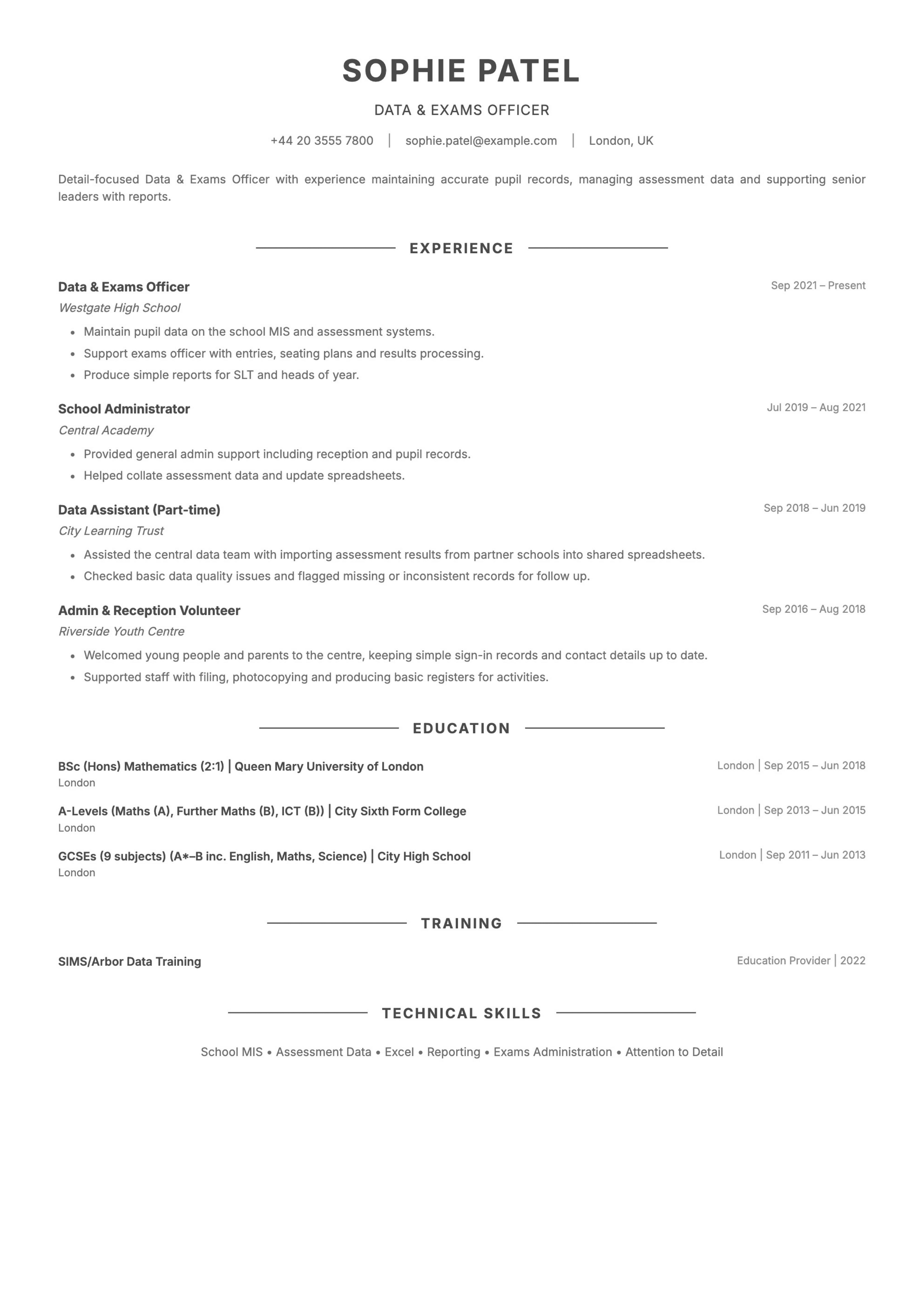 Data & exams officer CV template