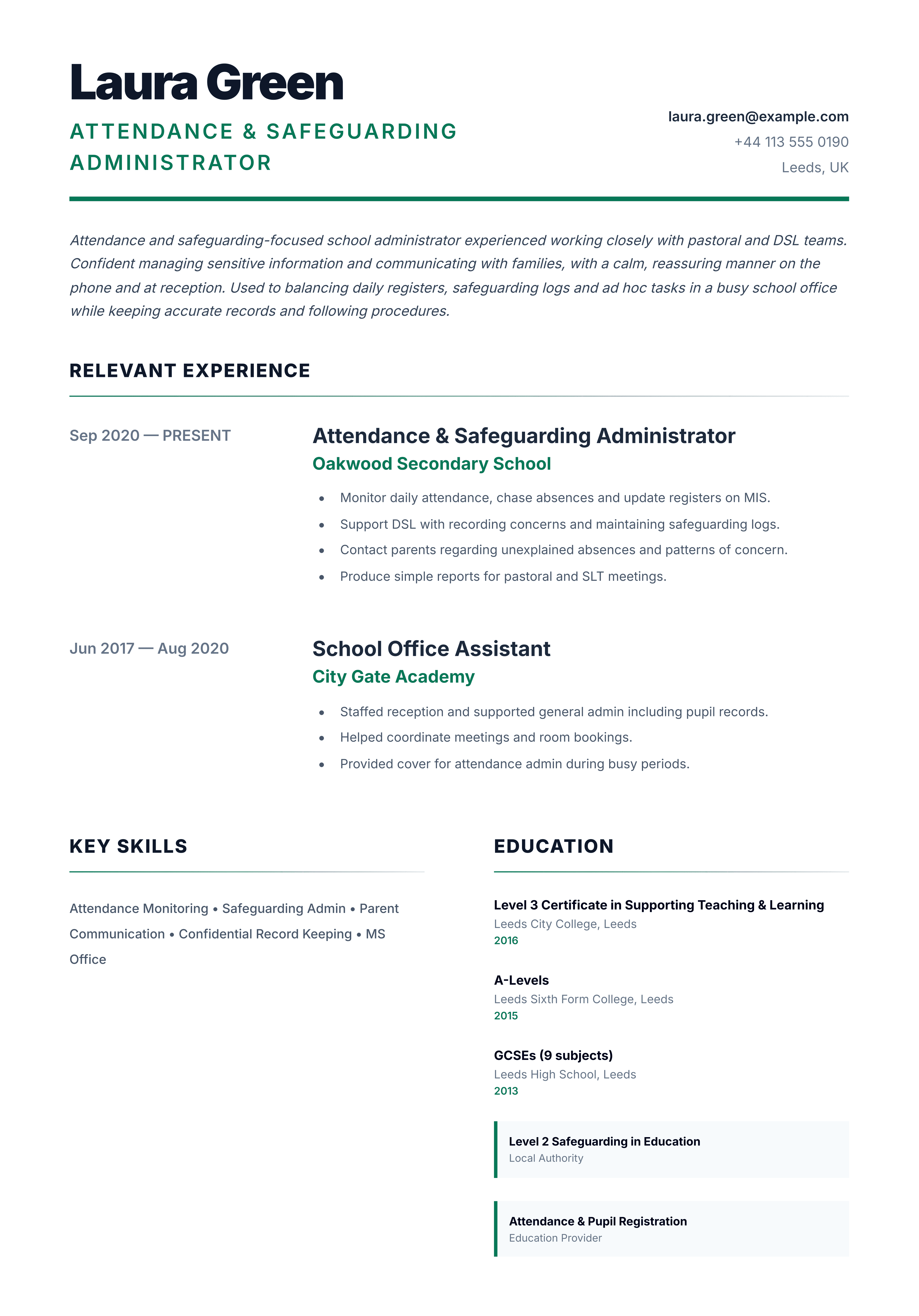 school administrator cv template attendance & safeguarding administrator cv