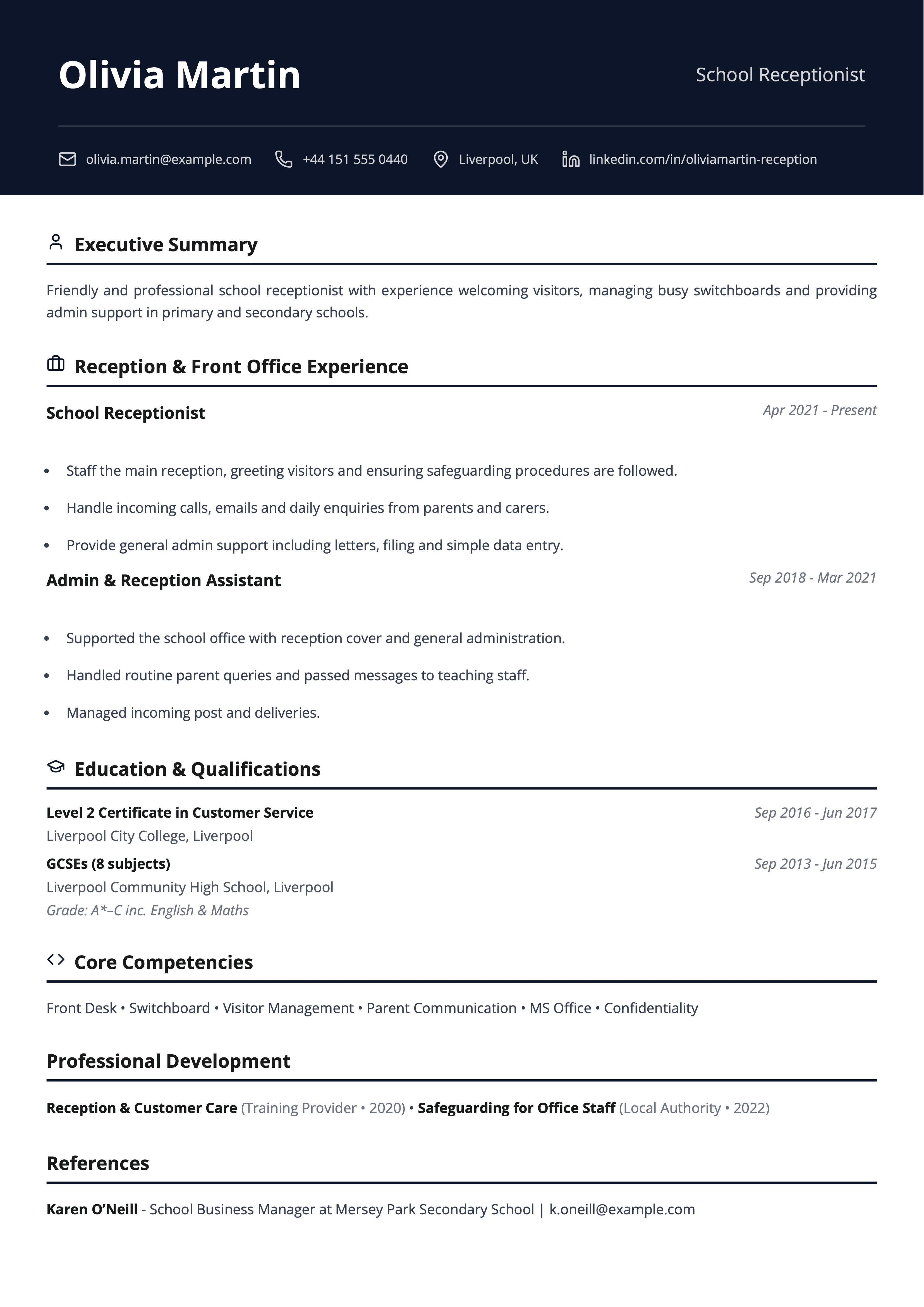 school administrator cv template school receptionist cv