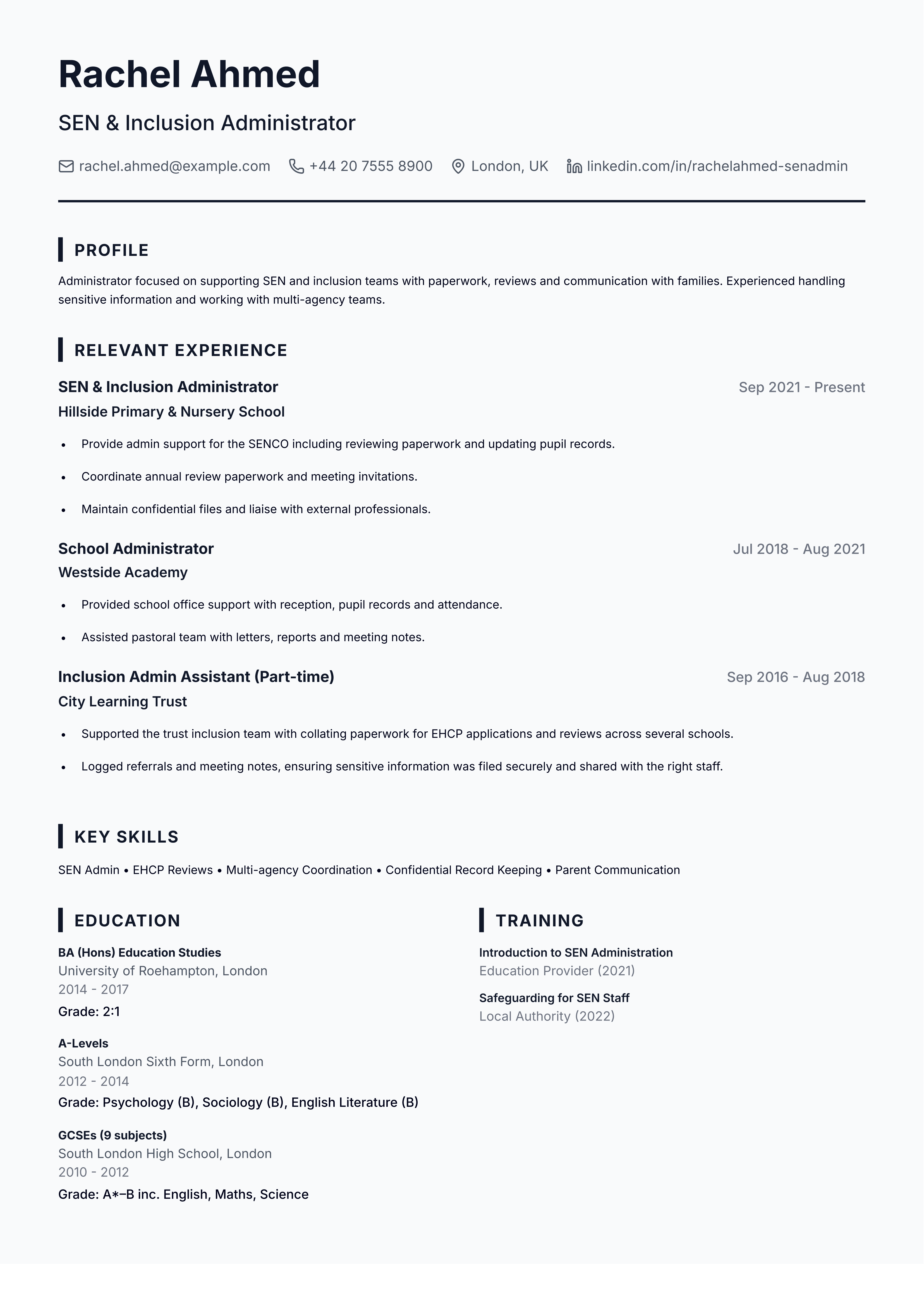 school administrator cv template sen & inclusion administrator cv