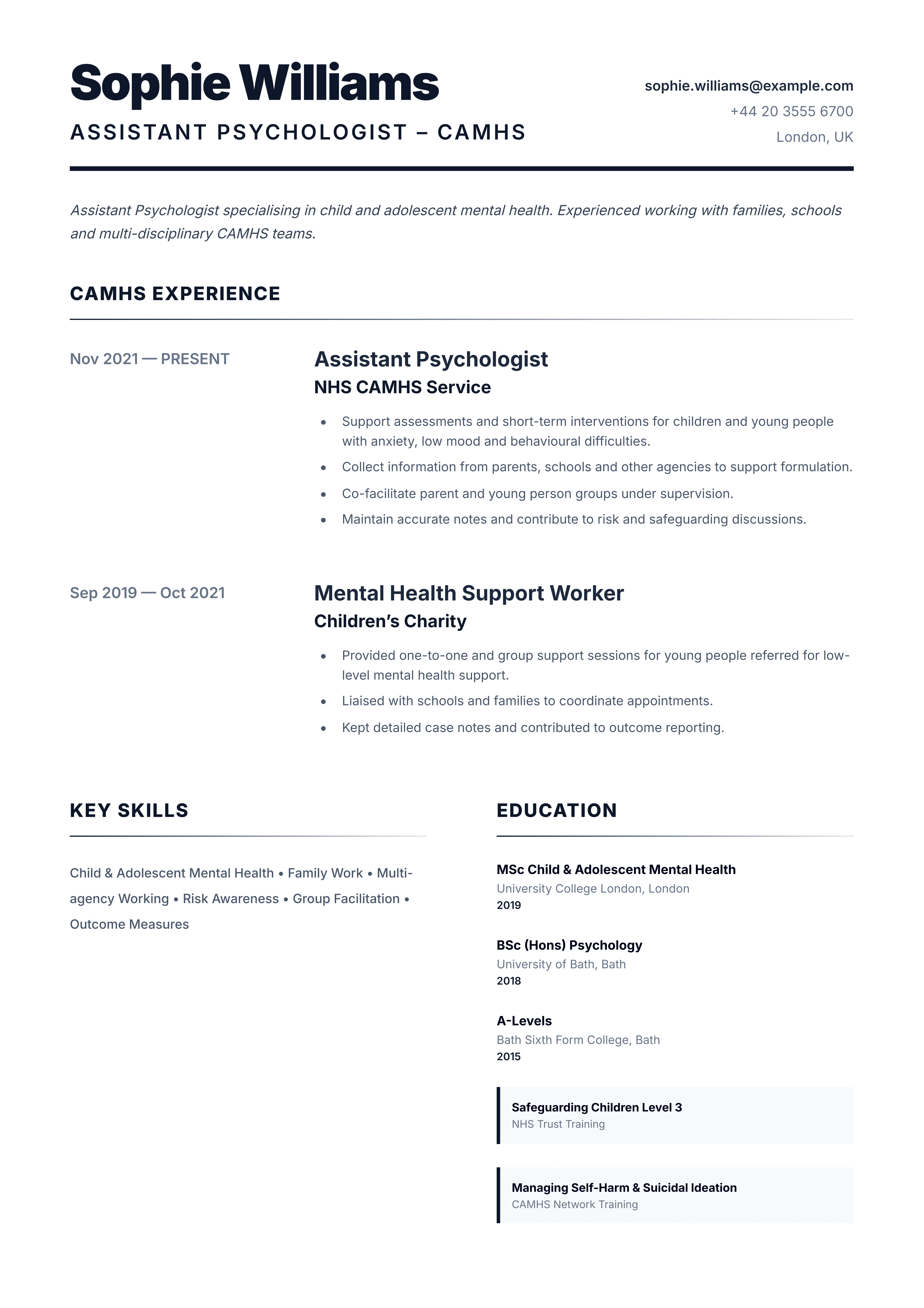 assistant psychologist cv template camhs assistant psychologist cv