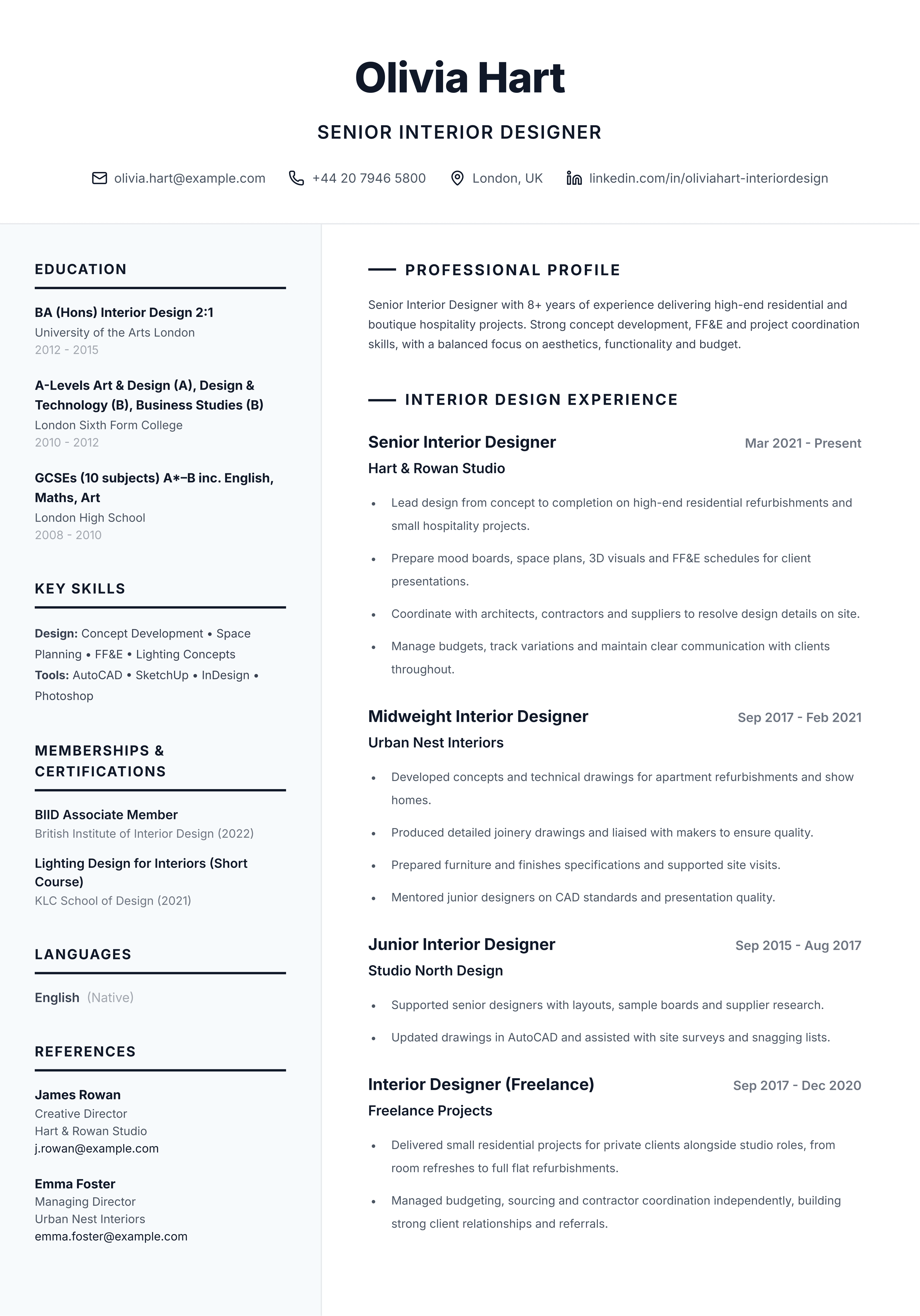 Senior interior designer CV template