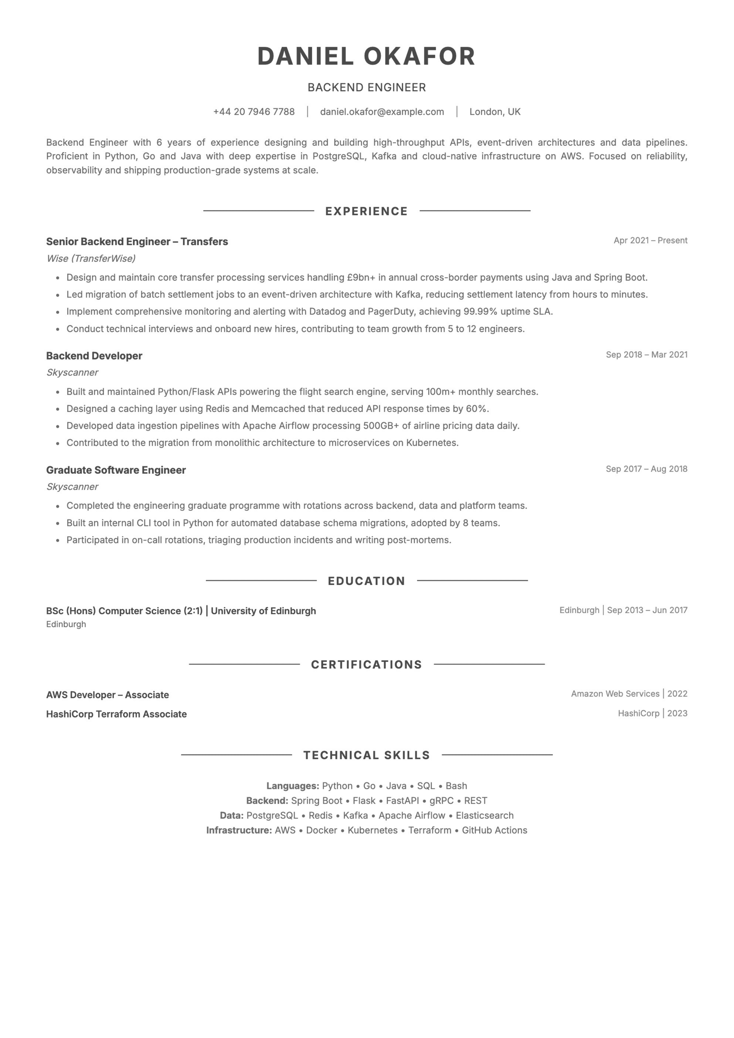 Backend engineer CV template