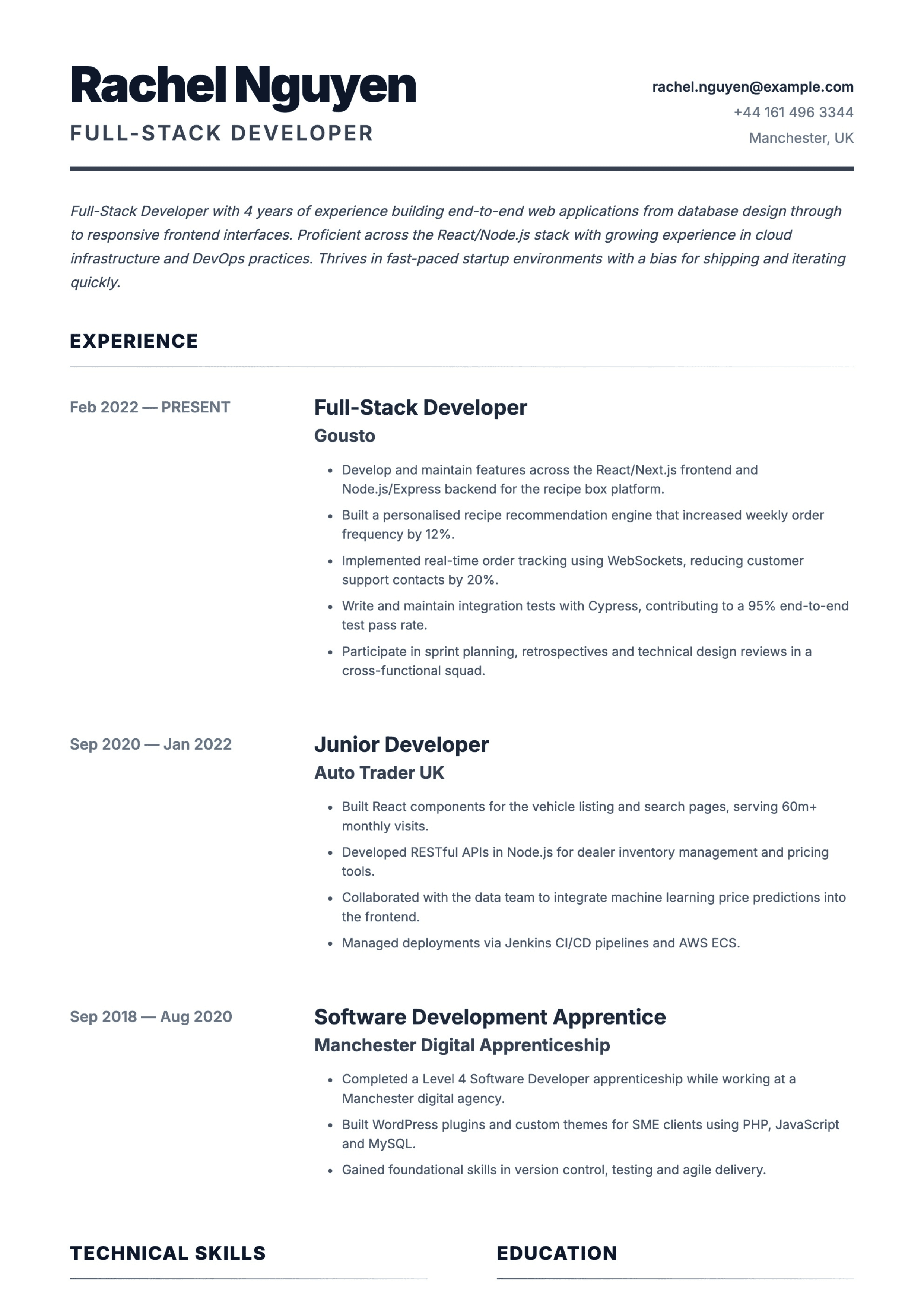 full stack developer cv template