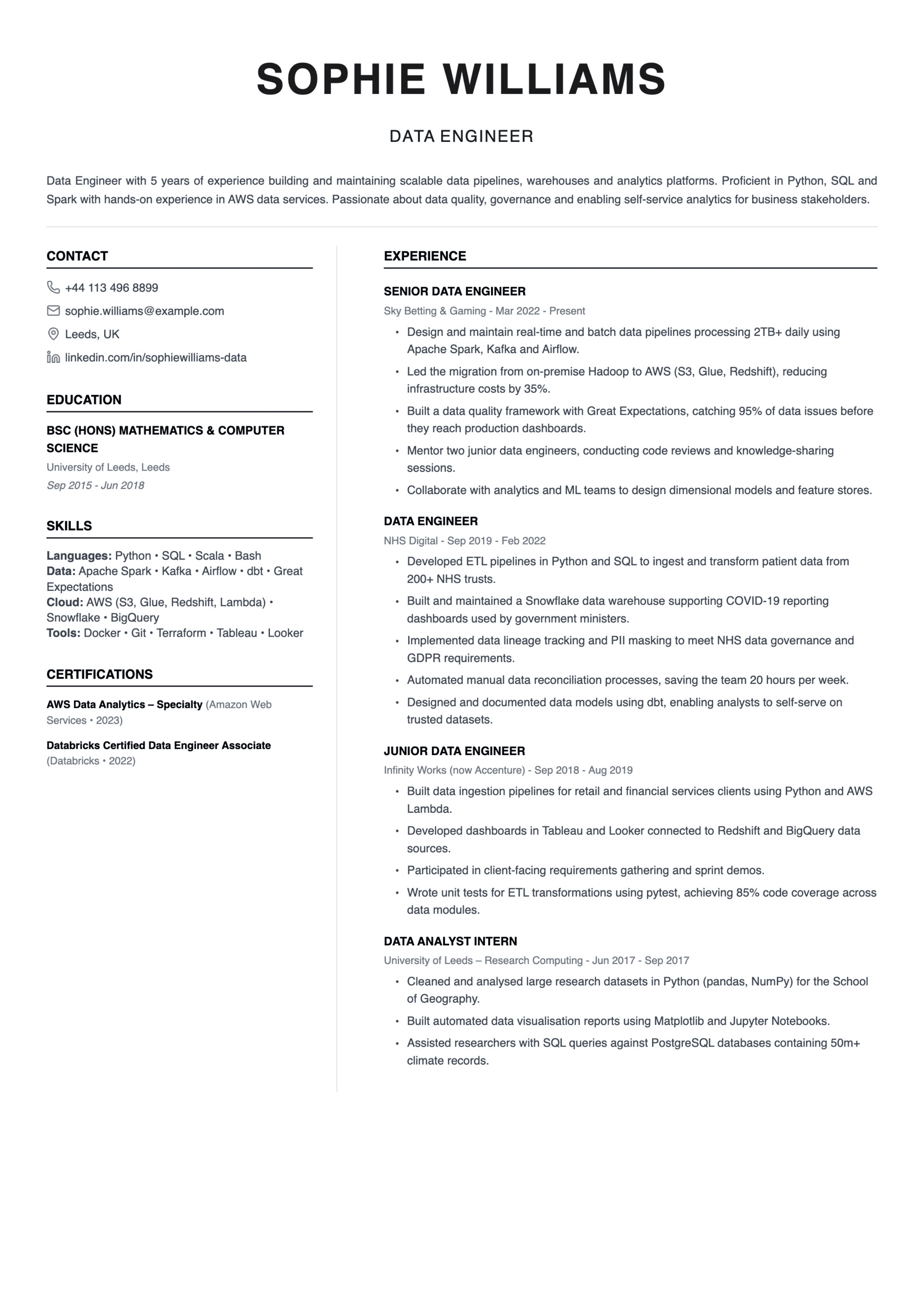 data engineer cv template