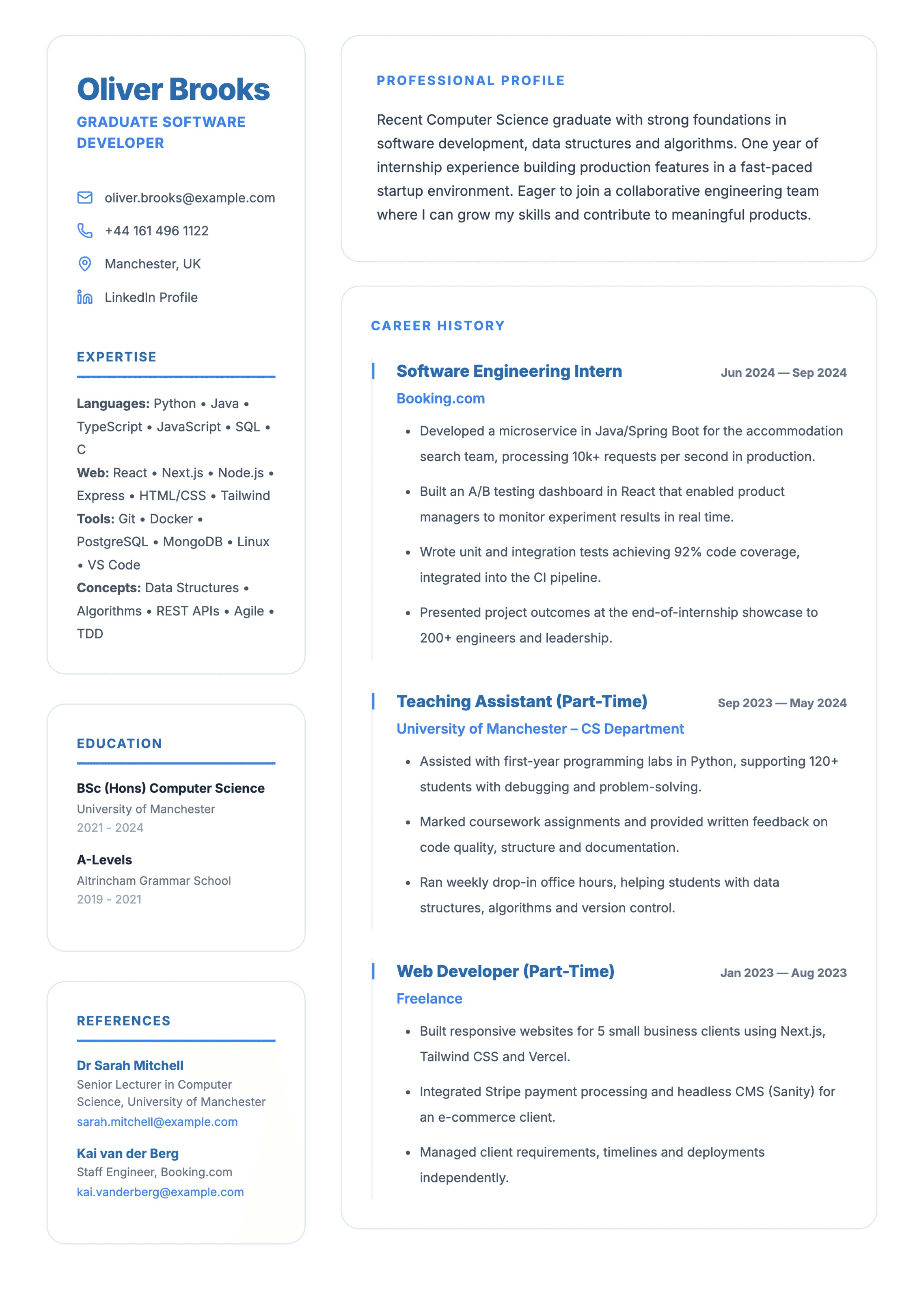 graduate software developer cv template