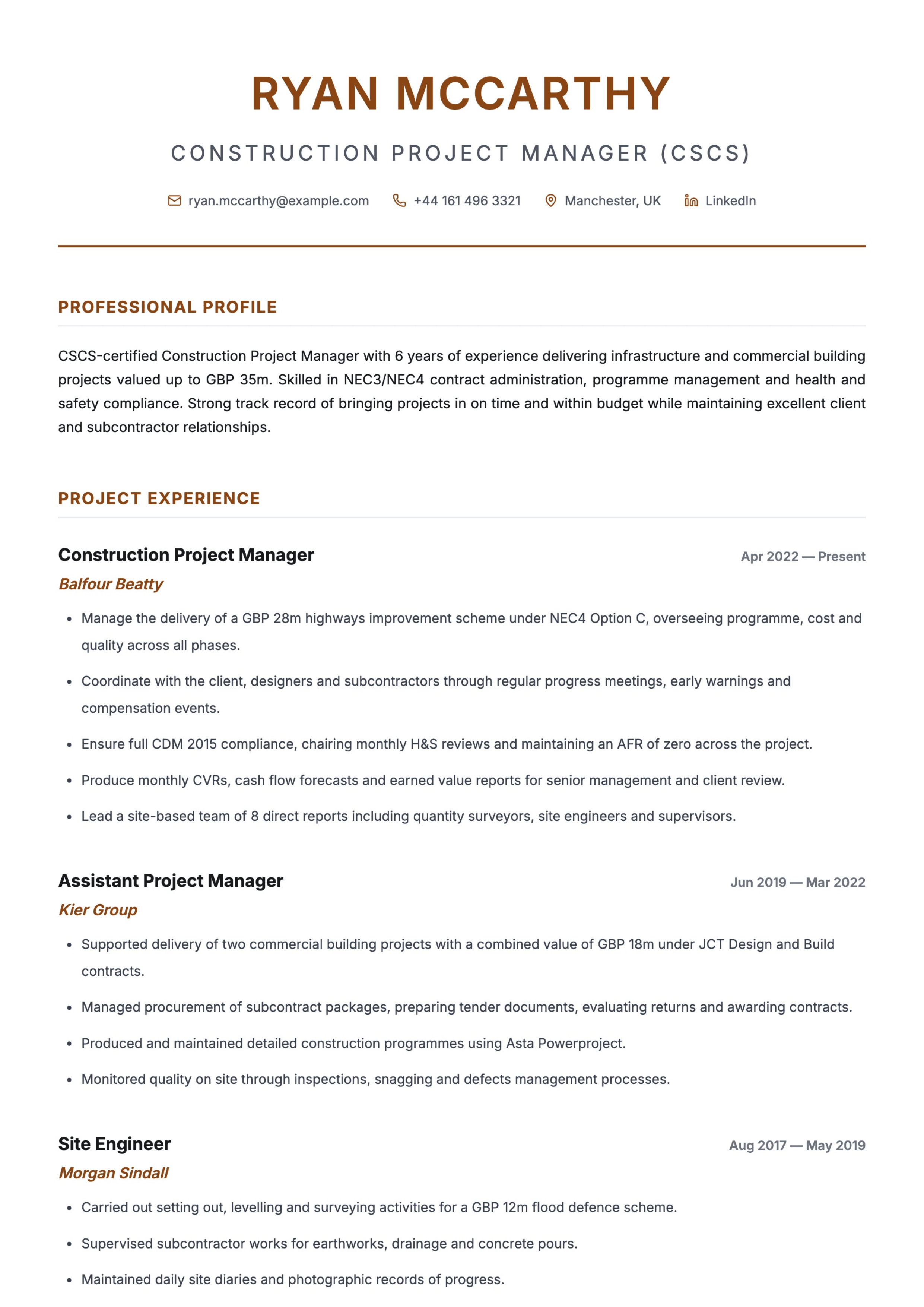 Construction project manager CV template