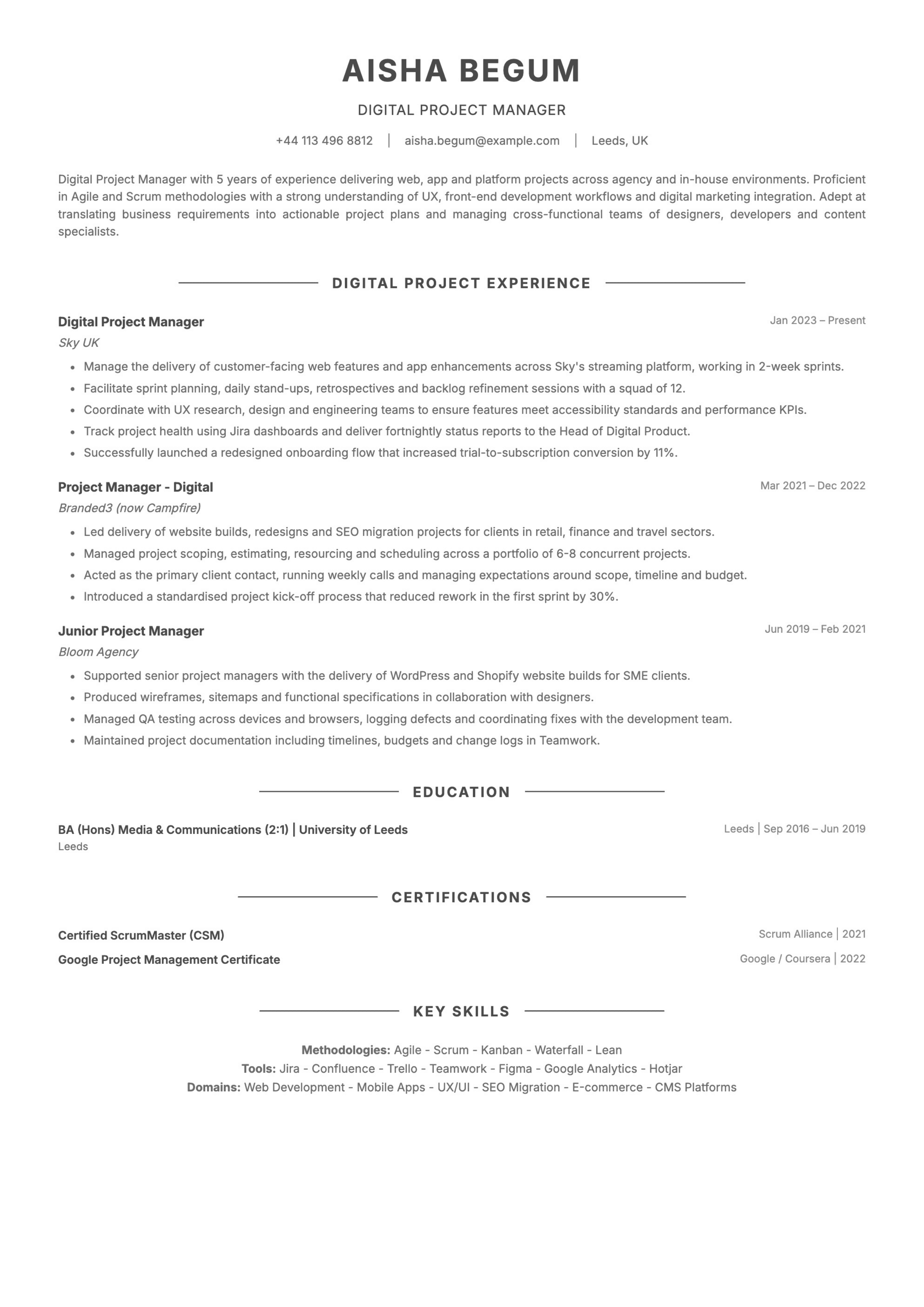 Digital project manager CV template