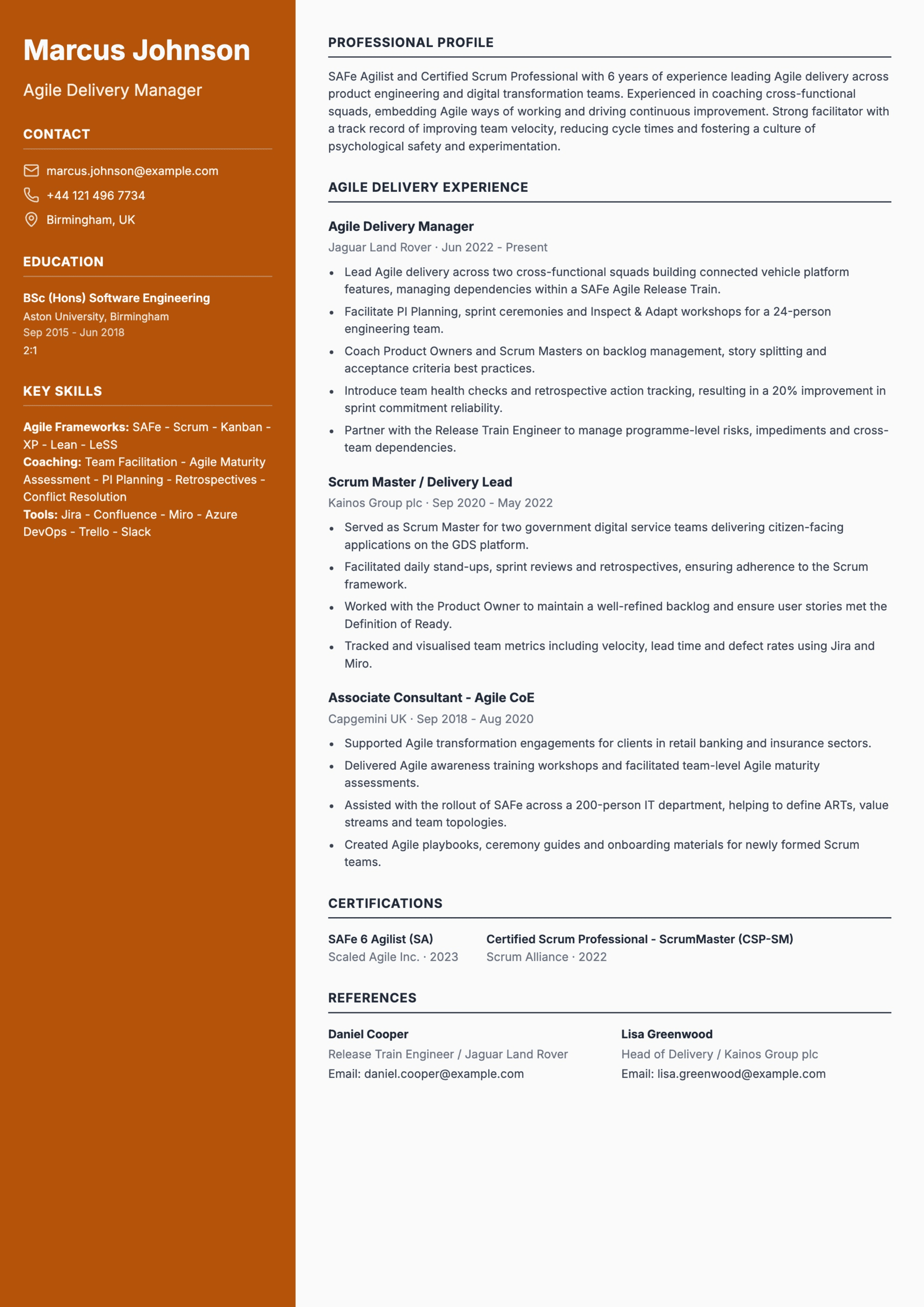 agile delivery manager cv template
