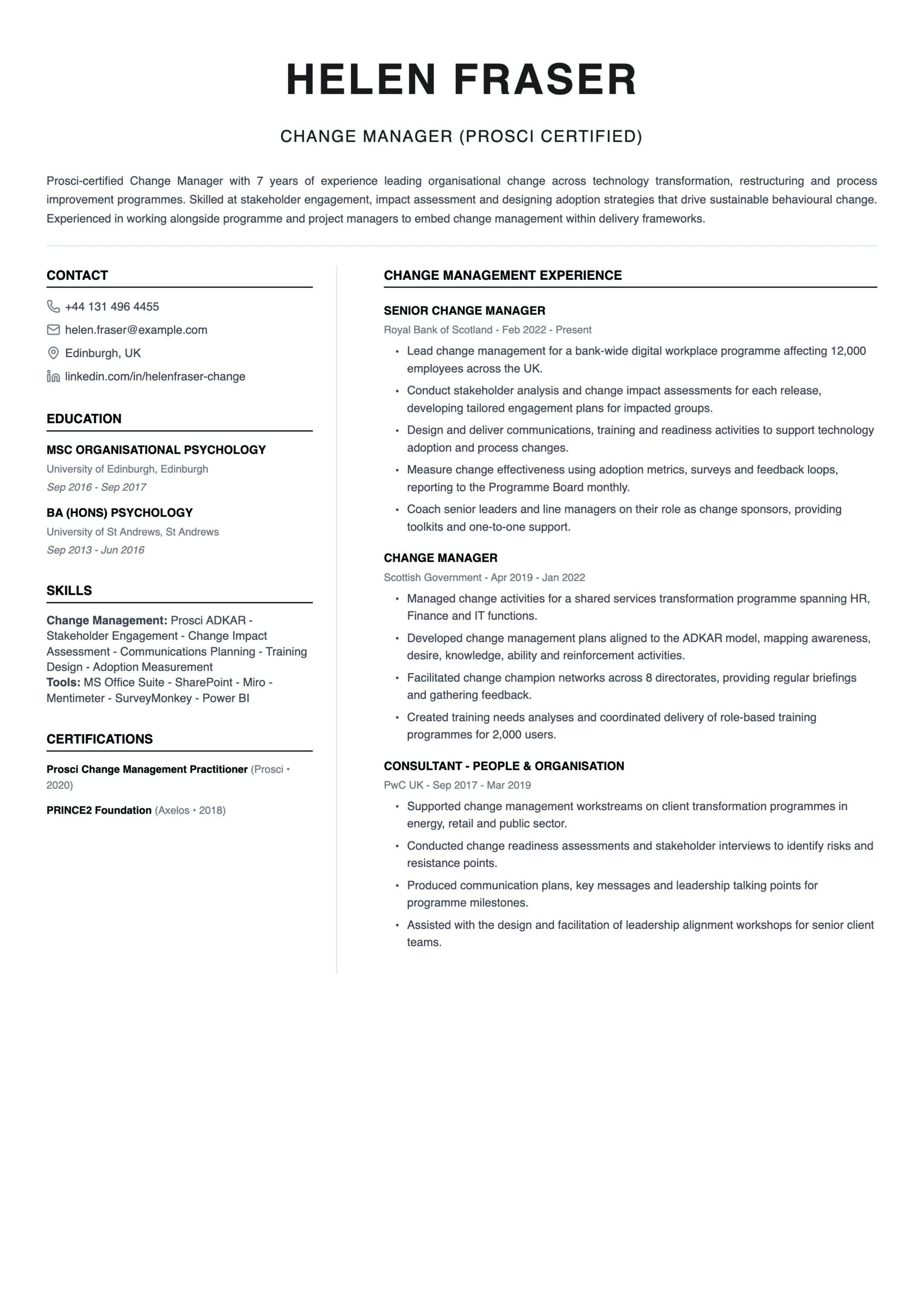 change manager cv template
