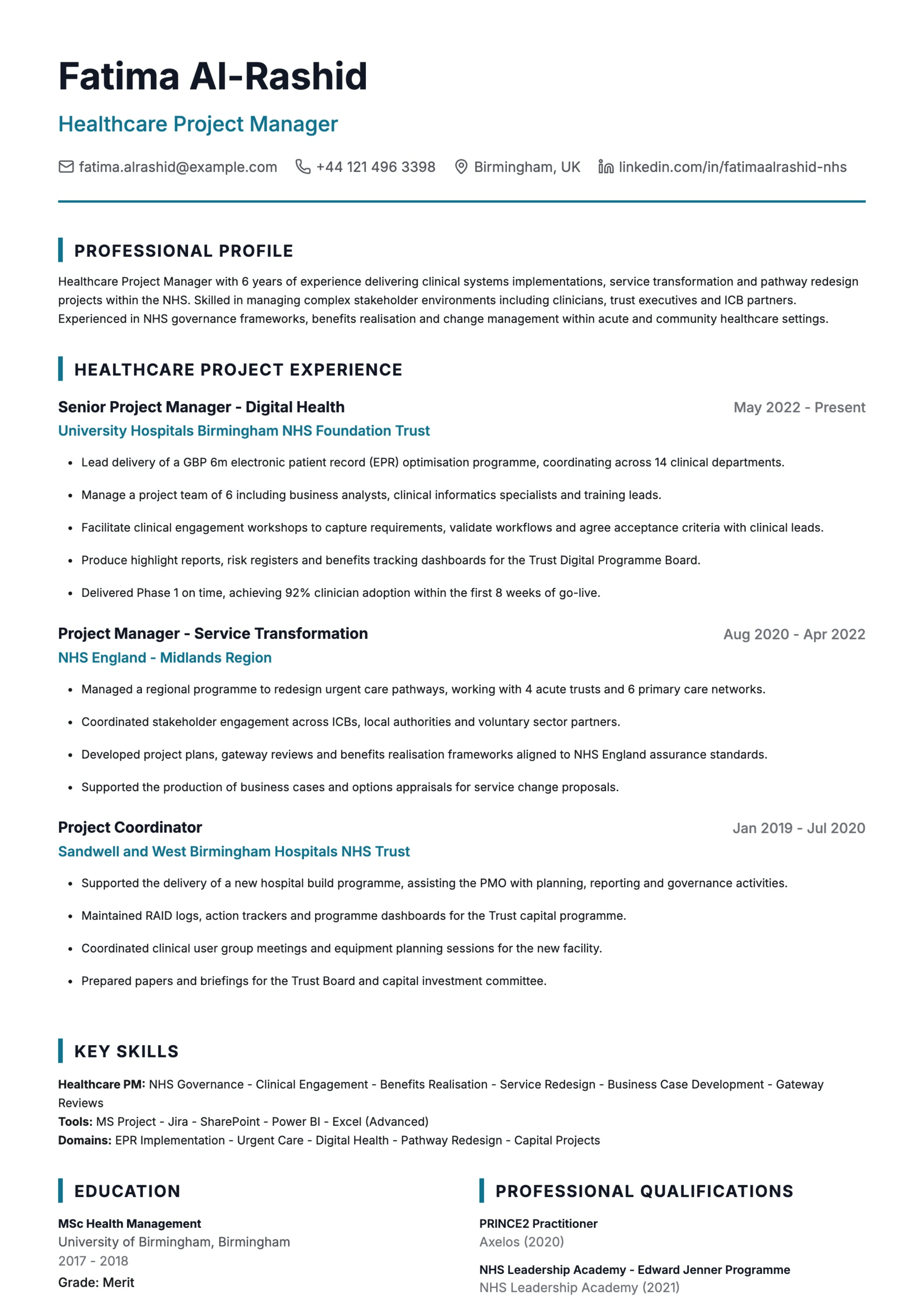 healthcare project manager cv template