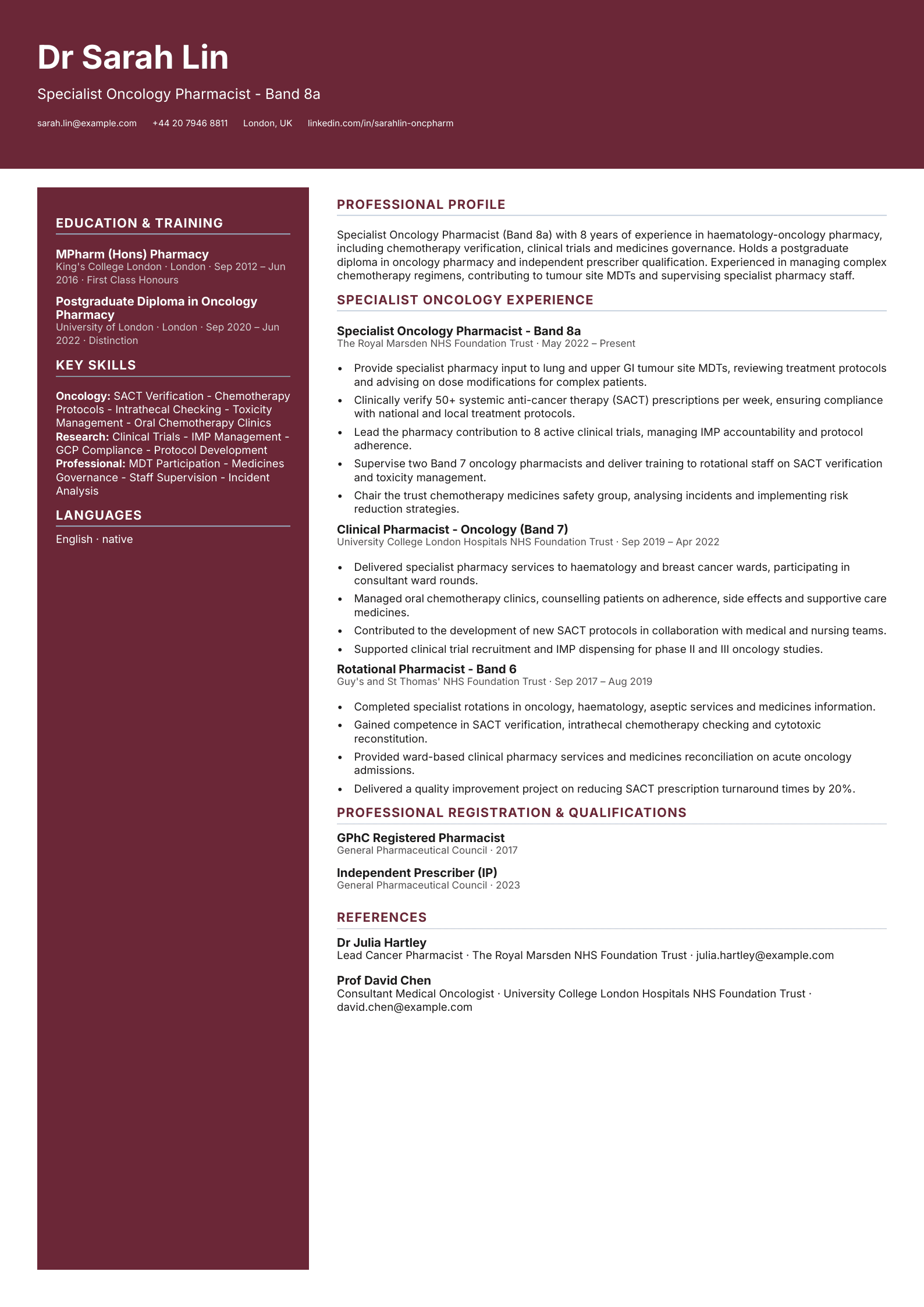 specialist oncology pharmacist cv template