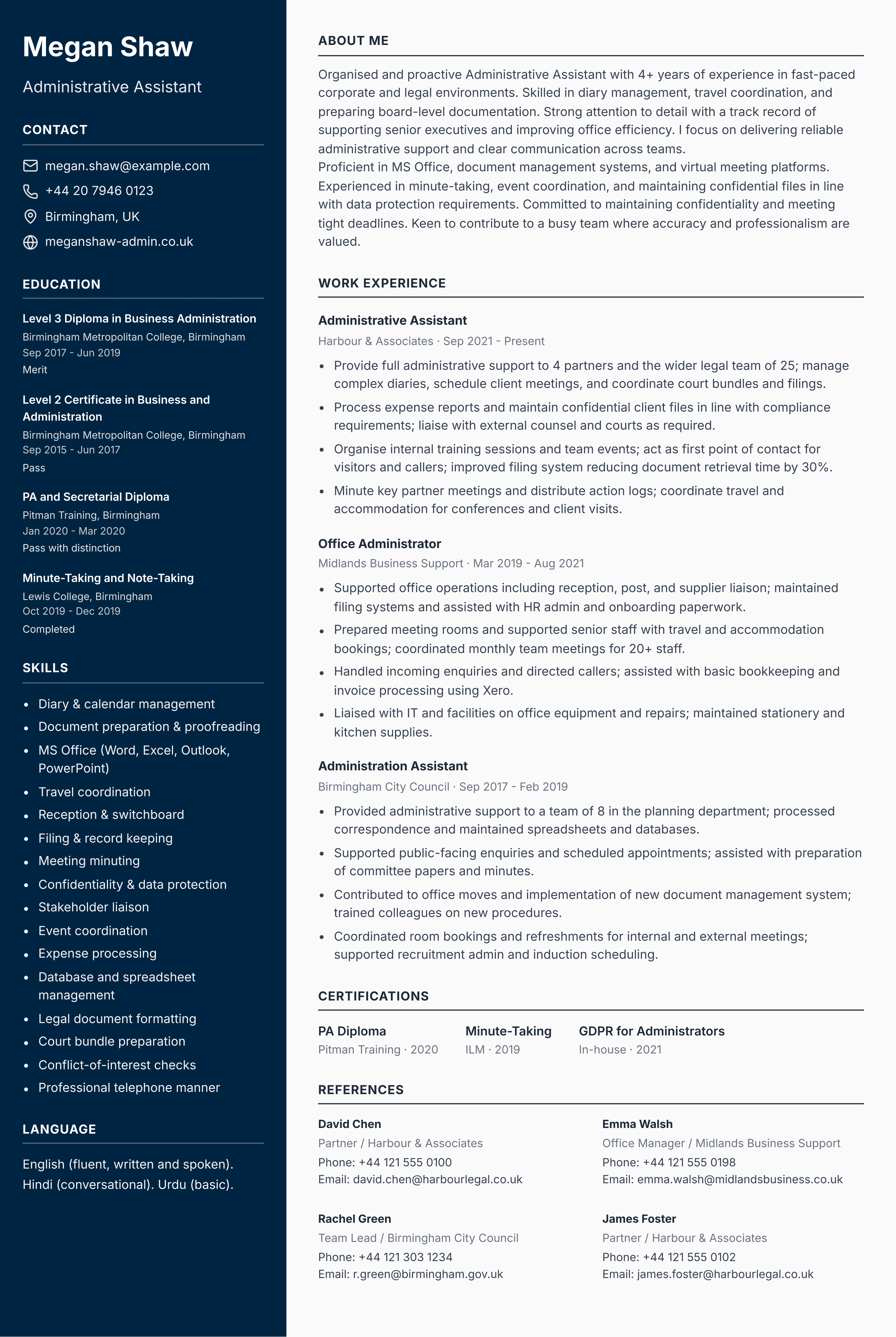 administrative assistant cv template