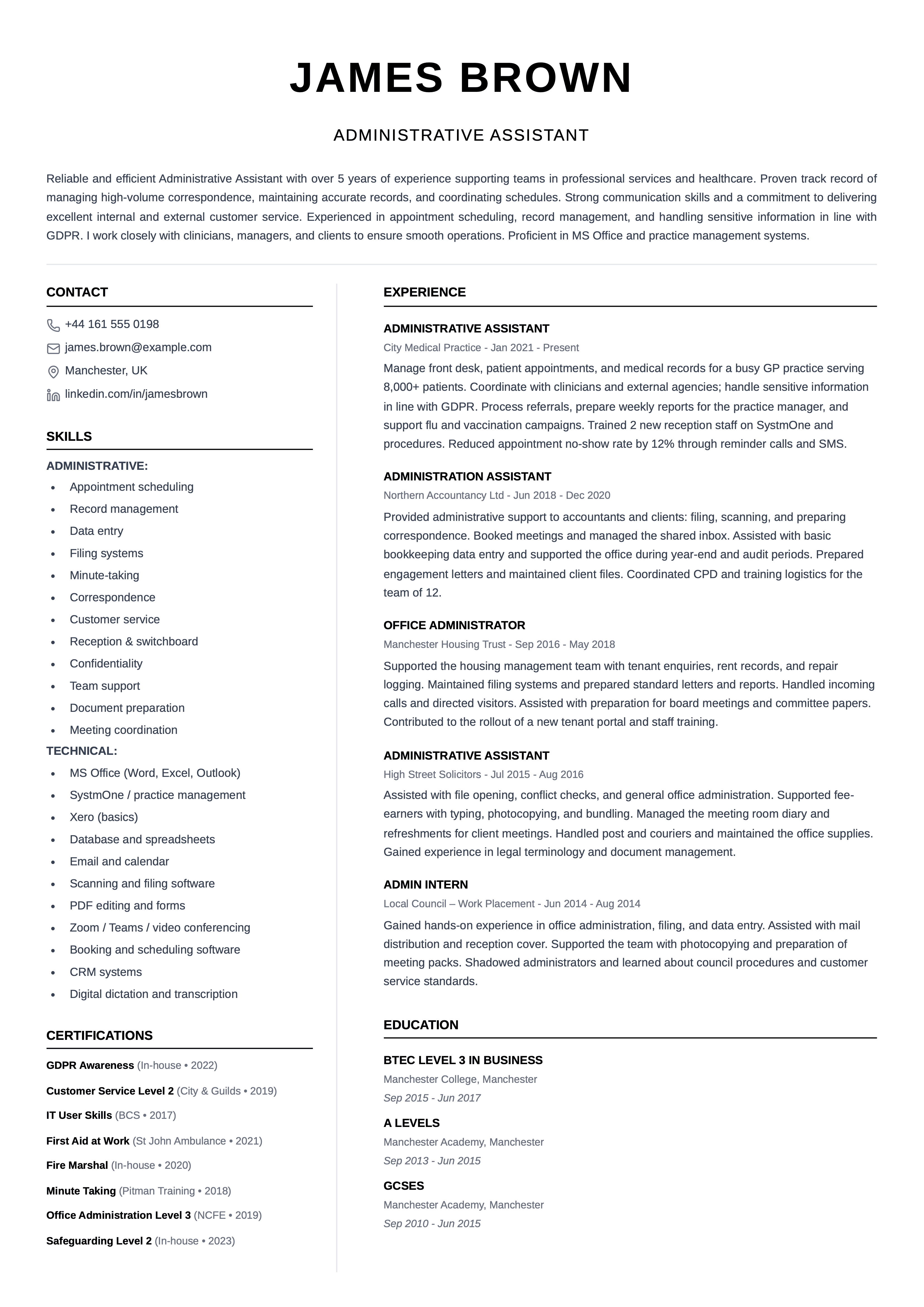 administrative assistant cv template