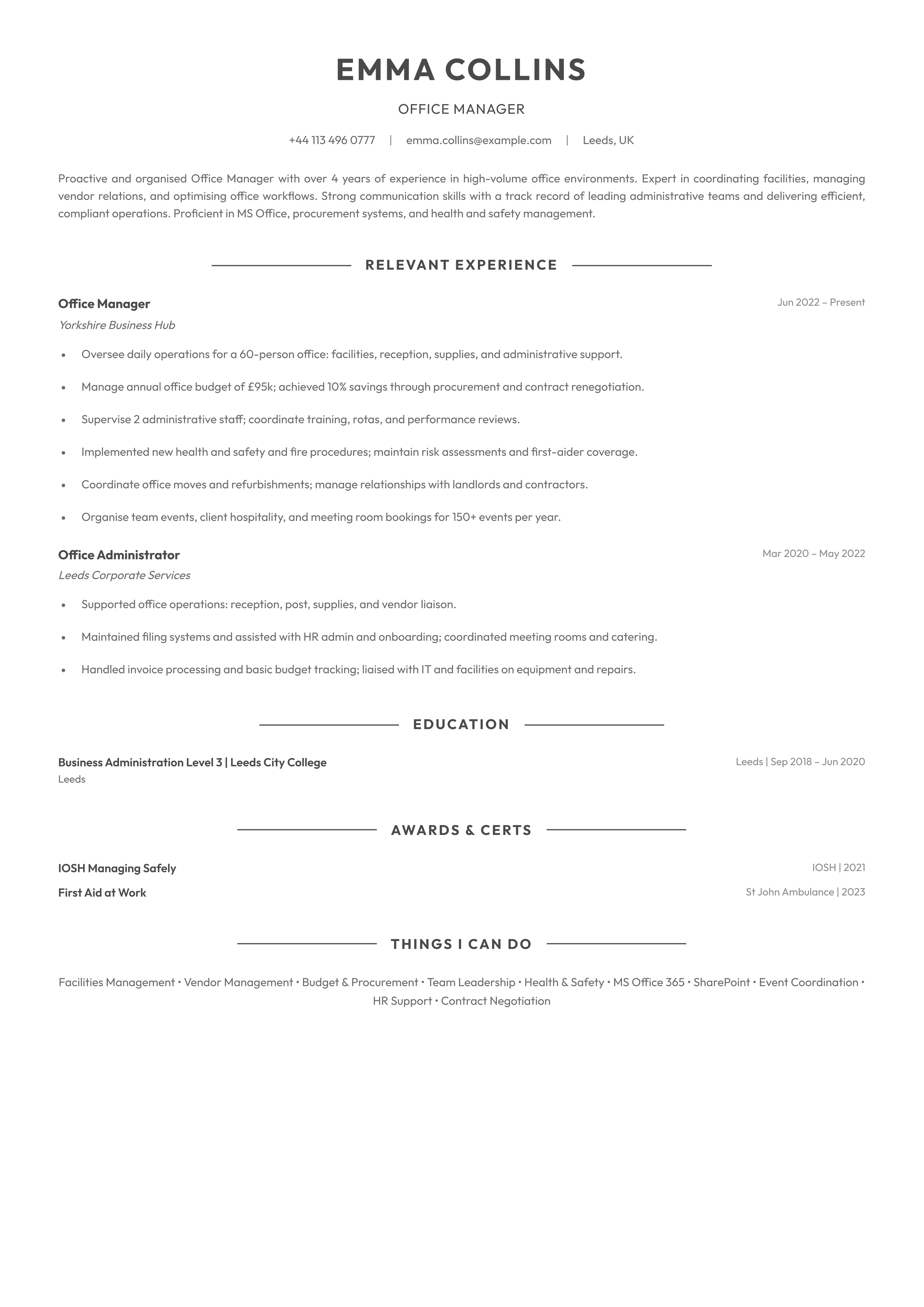 office manager cv template