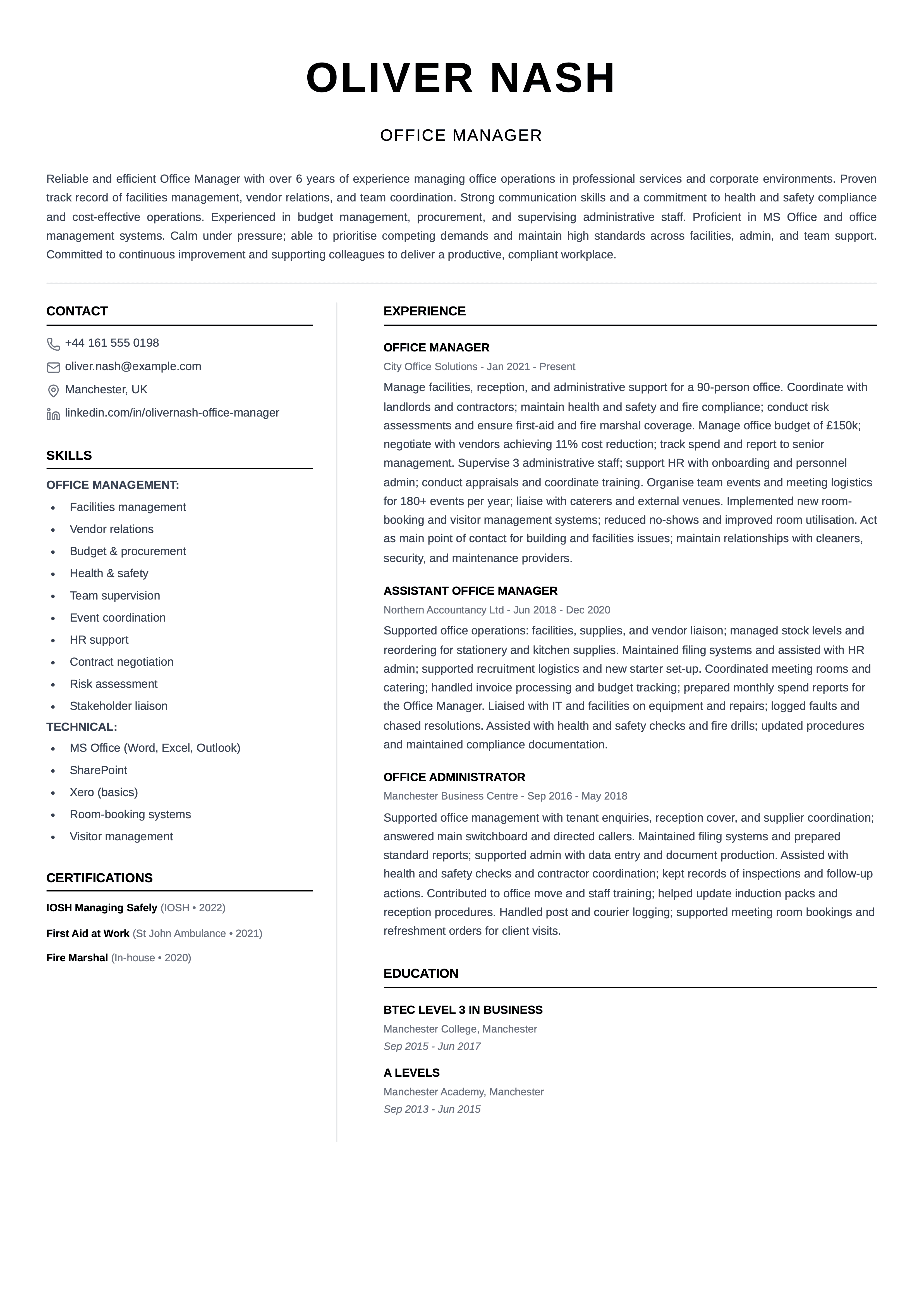 office manager cv template